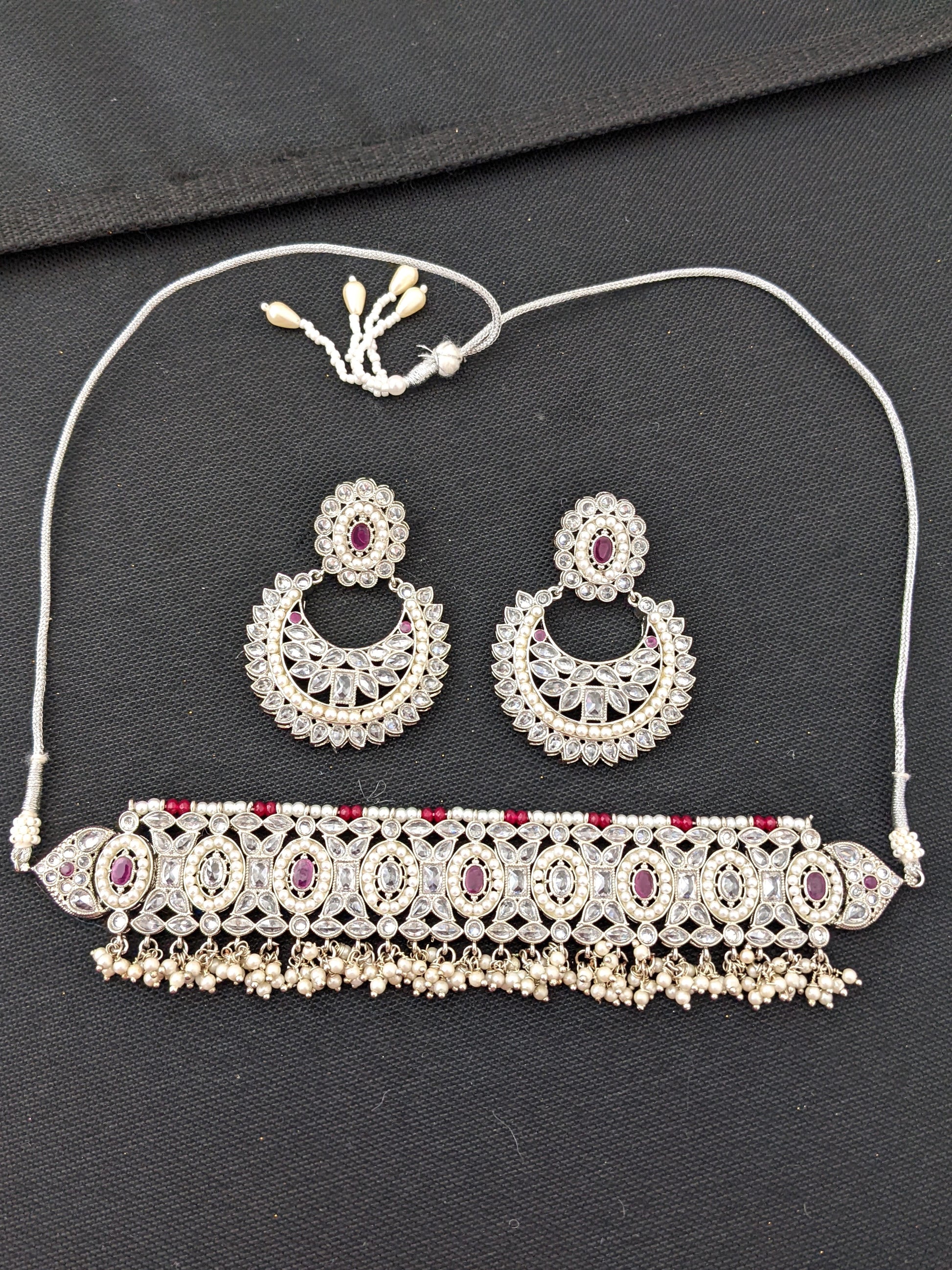 Silver rhodium polished - Chick collar style choker necklace and Ramleela style earring set - Simpliful