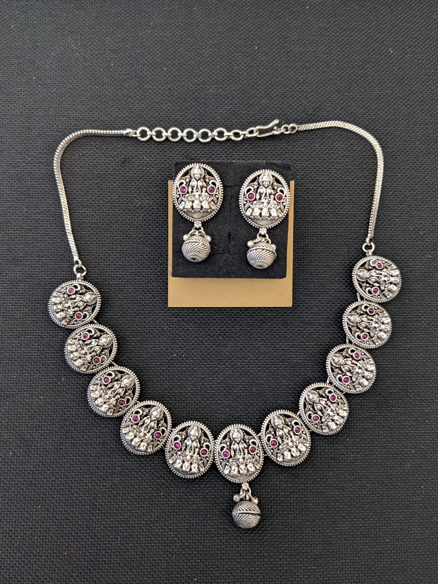 Goddess Lakshmi matte silver Necklace and Earrings set