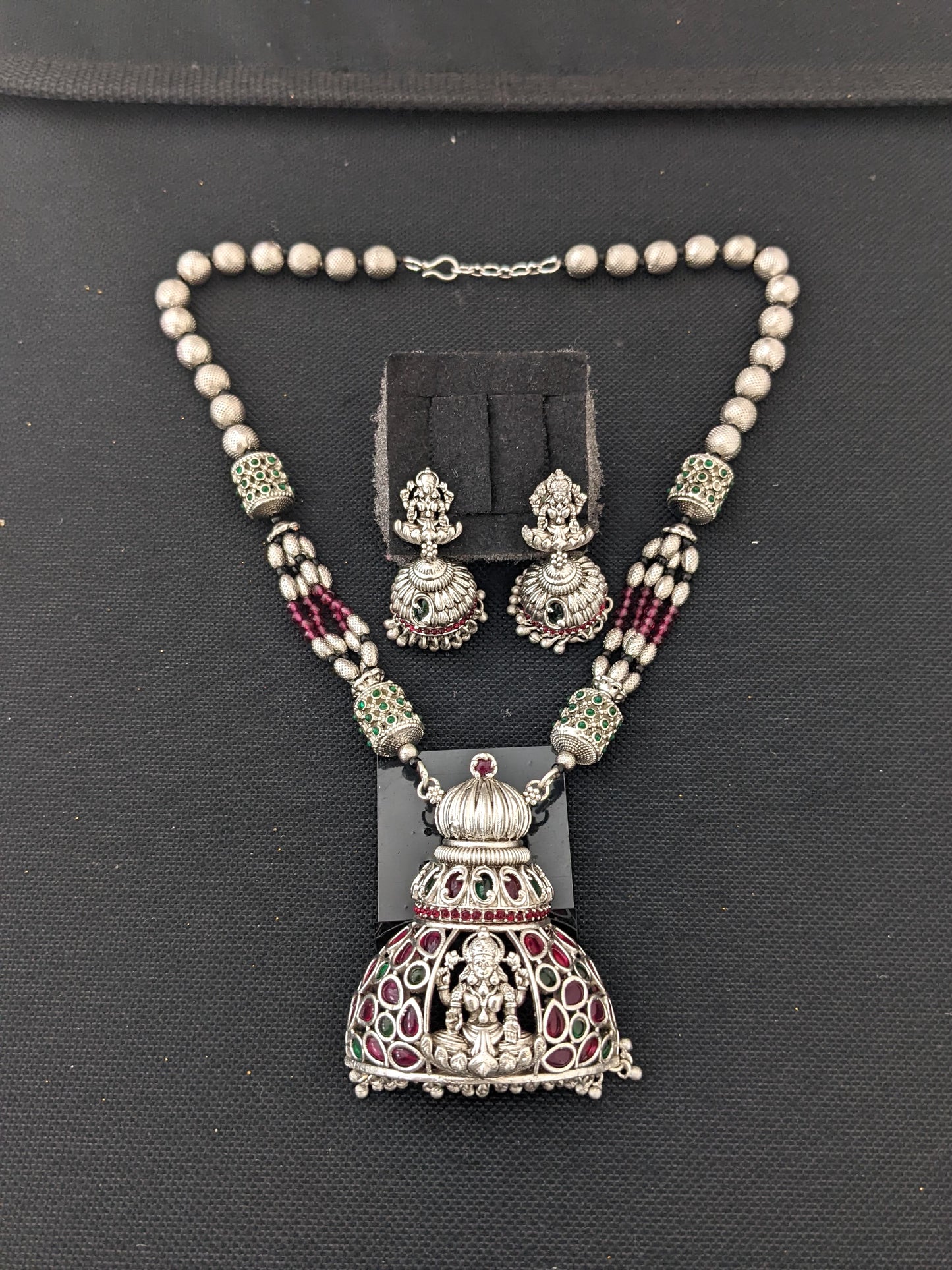 Lakshmi ji Matte Silver rhodium Pendant and jhumka earrings set