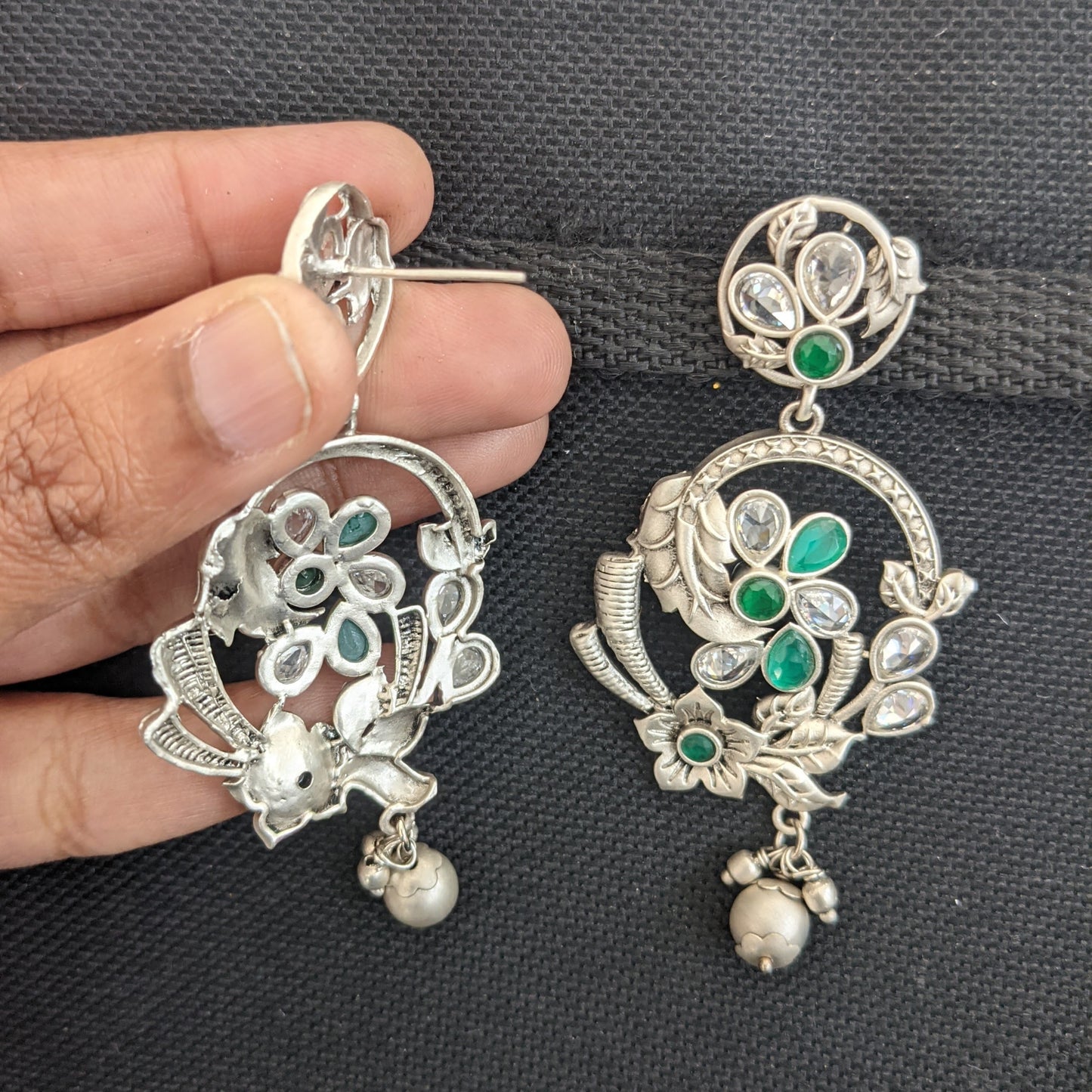 Bright Silver matte polished CZ flower Dangle Earrings