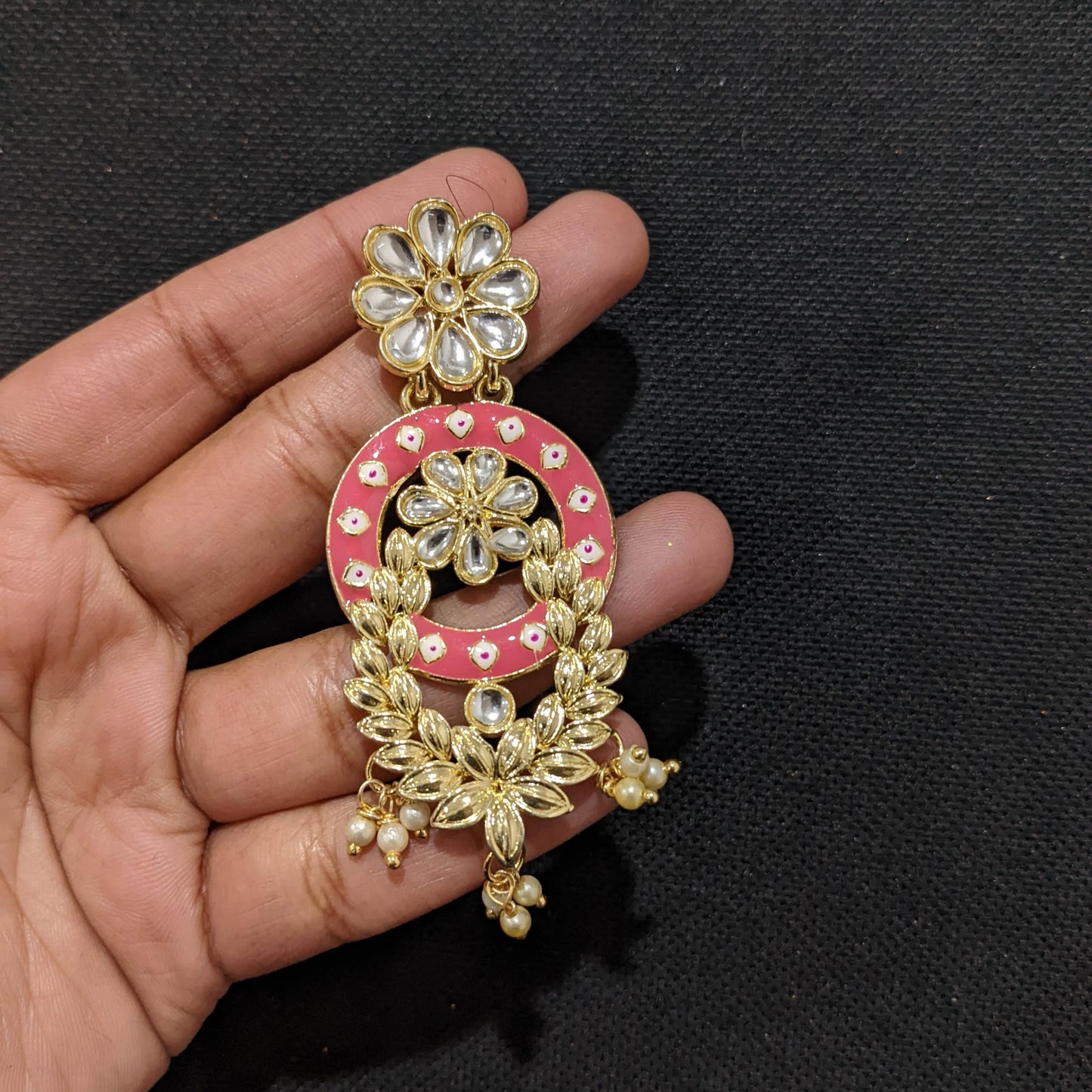 Flower Leaf design Glass Kundan Earrings