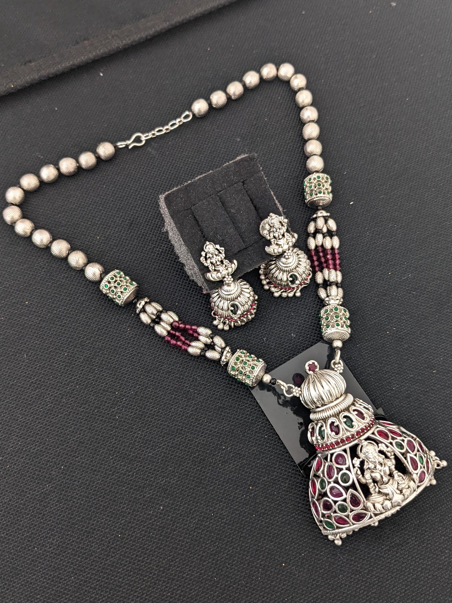 Lakshmi ji Matte Silver rhodium Pendant and jhumka earrings set