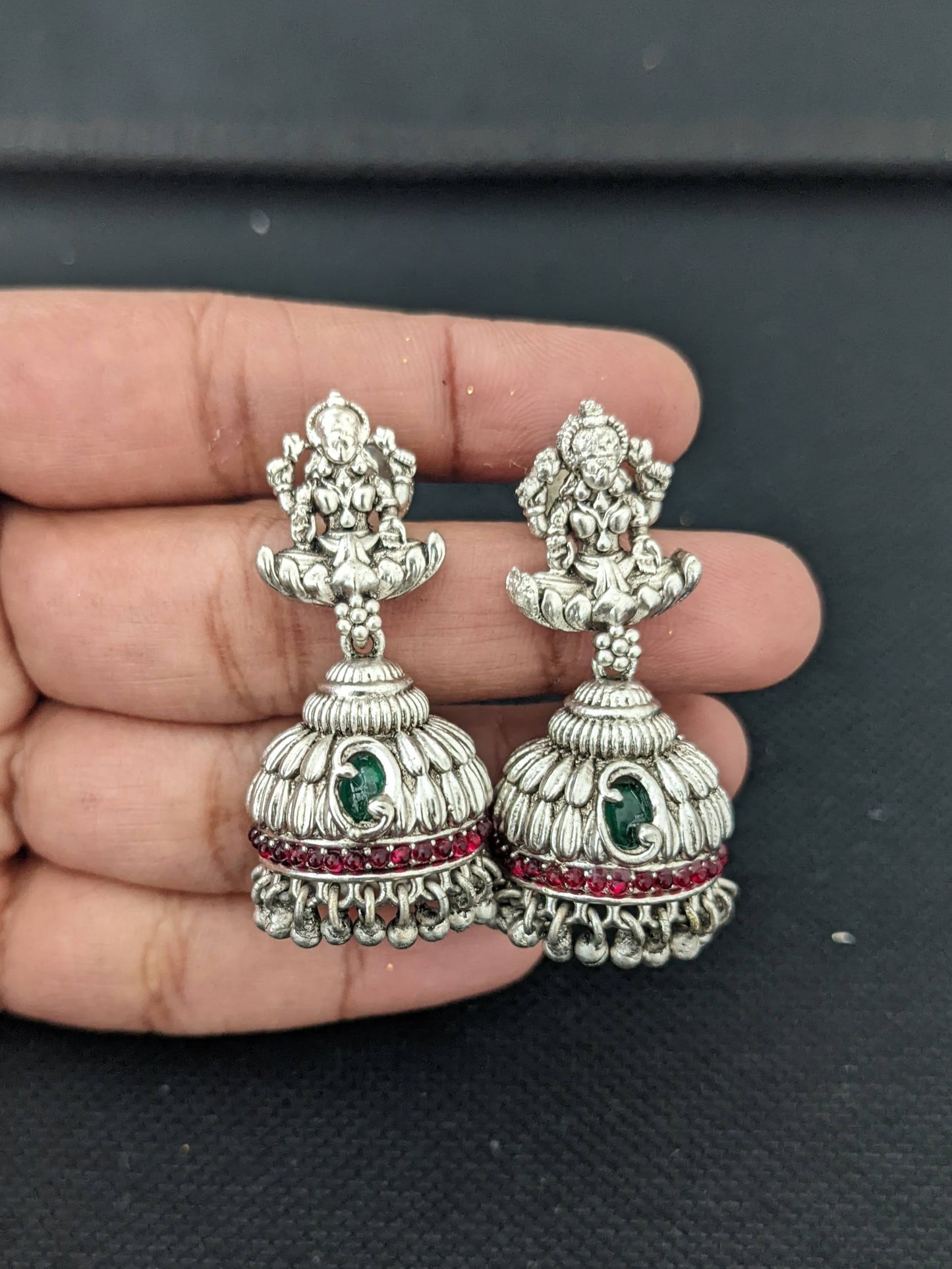 Lakshmi ji Matte Silver rhodium Pendant and jhumka earrings set