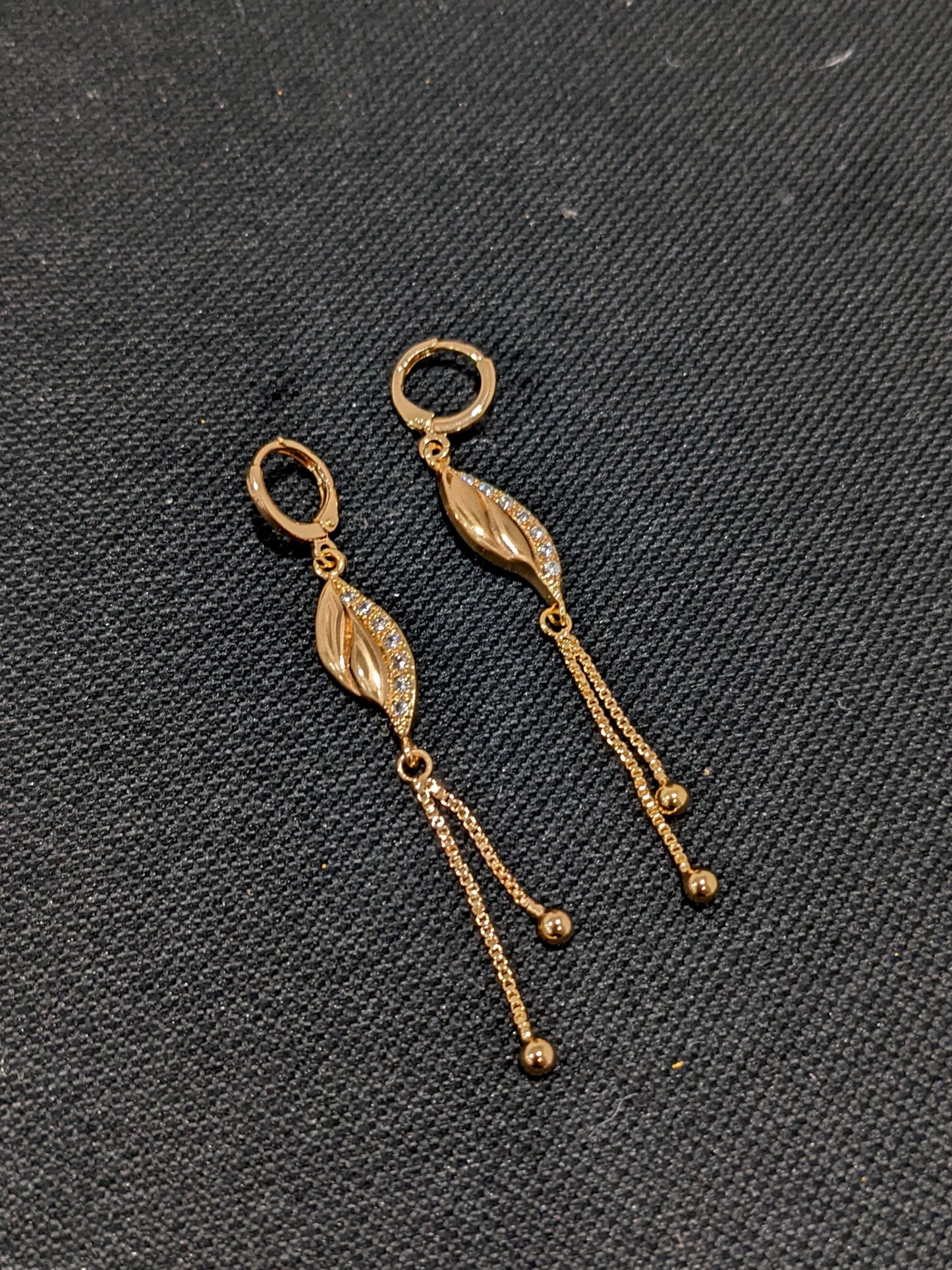 Dual Leaf design ring style long dangle CZ earrings