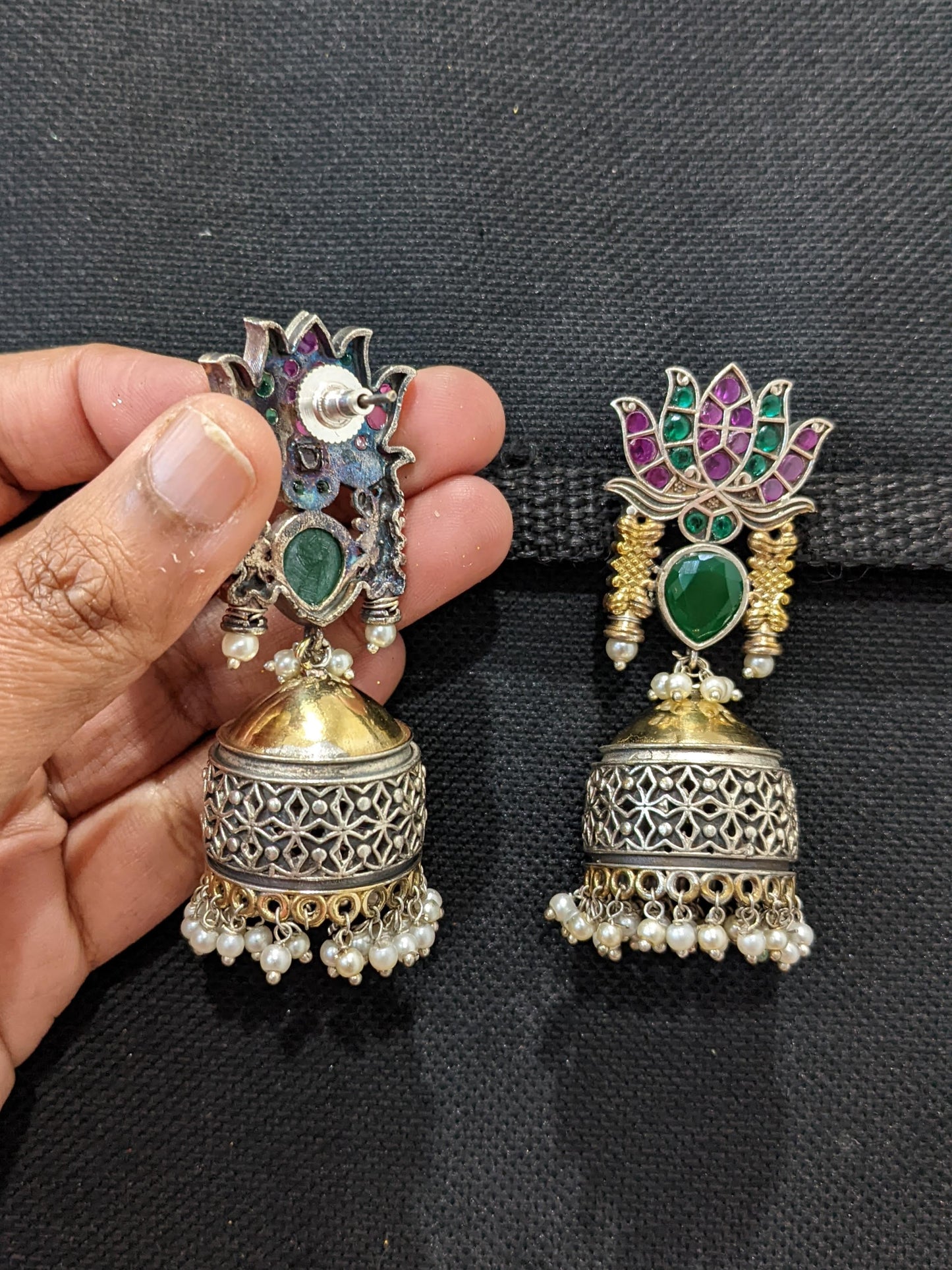German Silver Dual Tone Lotus Jhumka Earrings