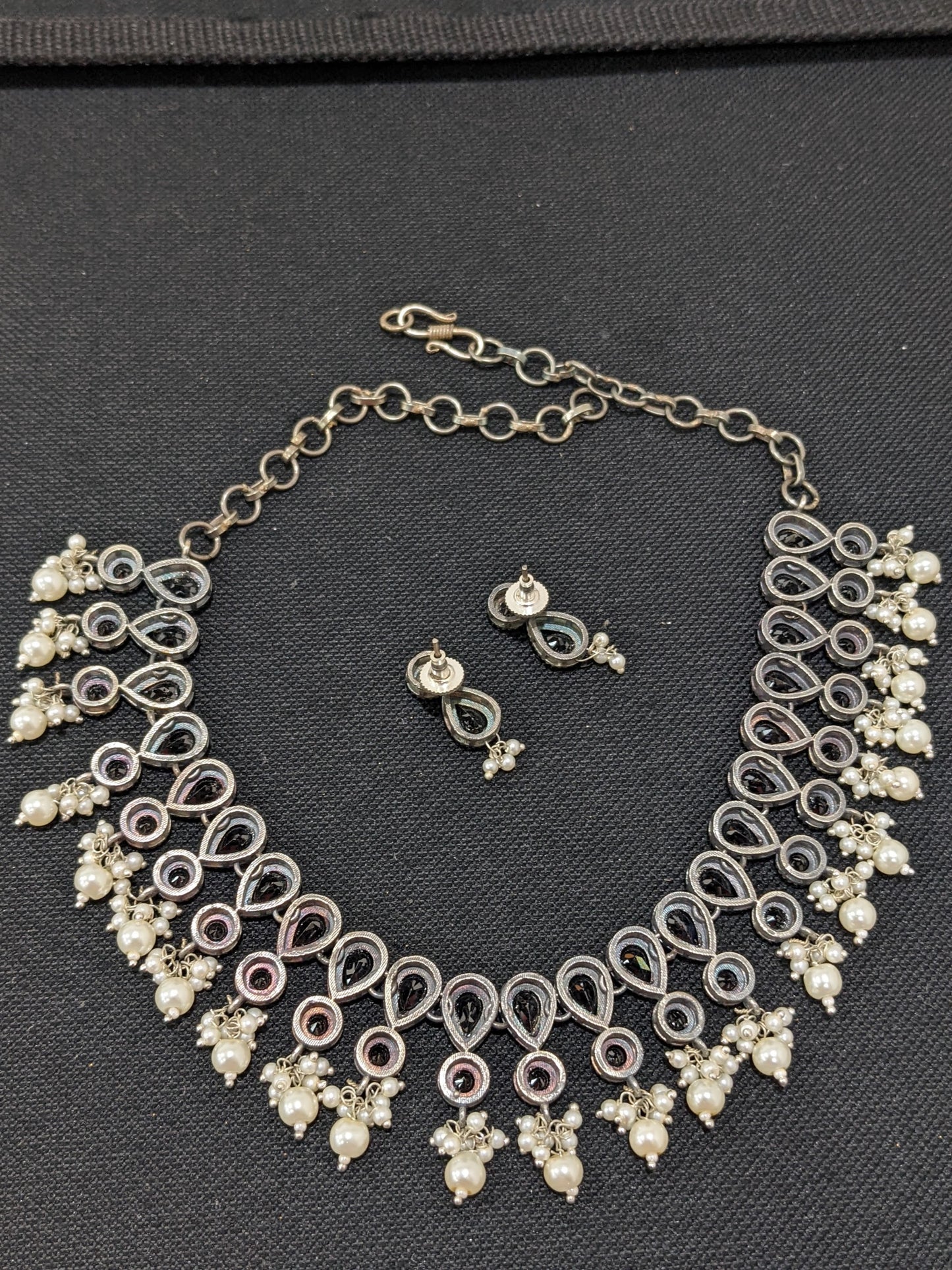 Pearl cluster dangle CZ stone German Silver Choker set - Simpliful