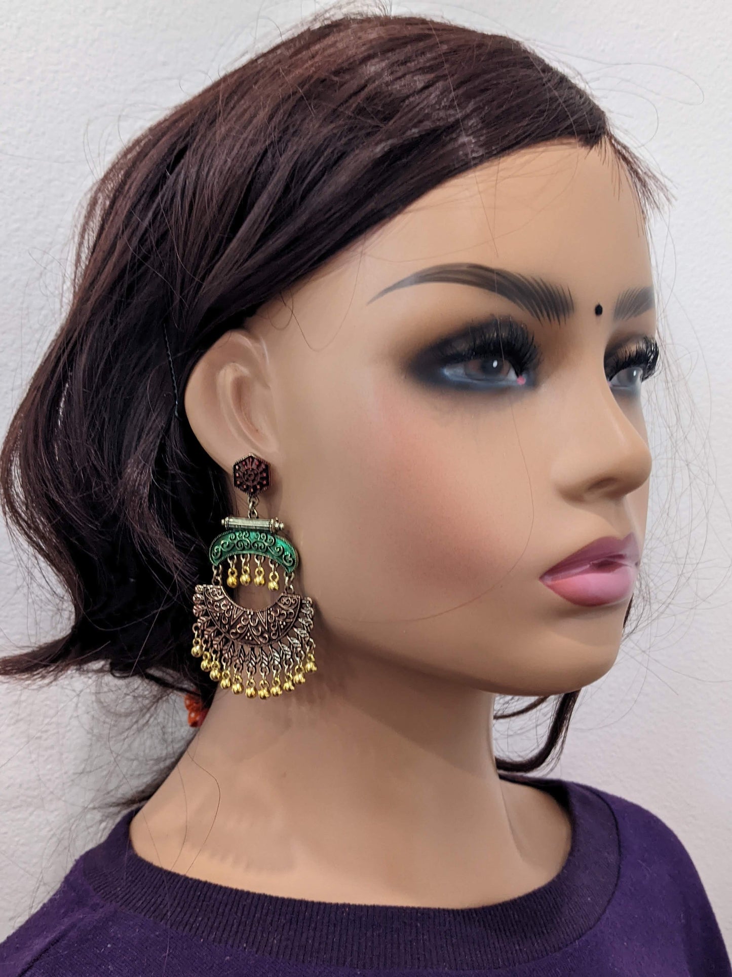 Hexagon stud with matte meenakari work light color gold bead hanging antique earring - Simpliful