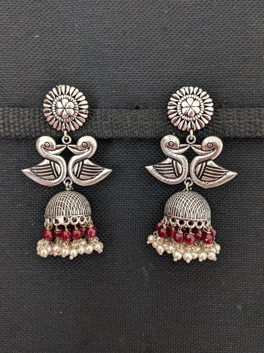 Oxidized silver dual swan jhumka Earrings - Simpliful