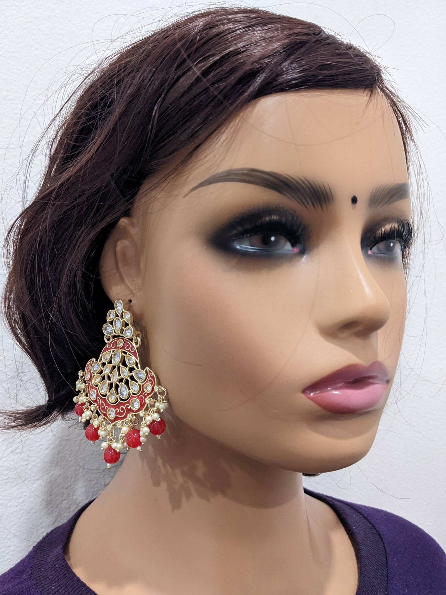 White polki stone Enamel work Maang Tikka and Earrings Combo