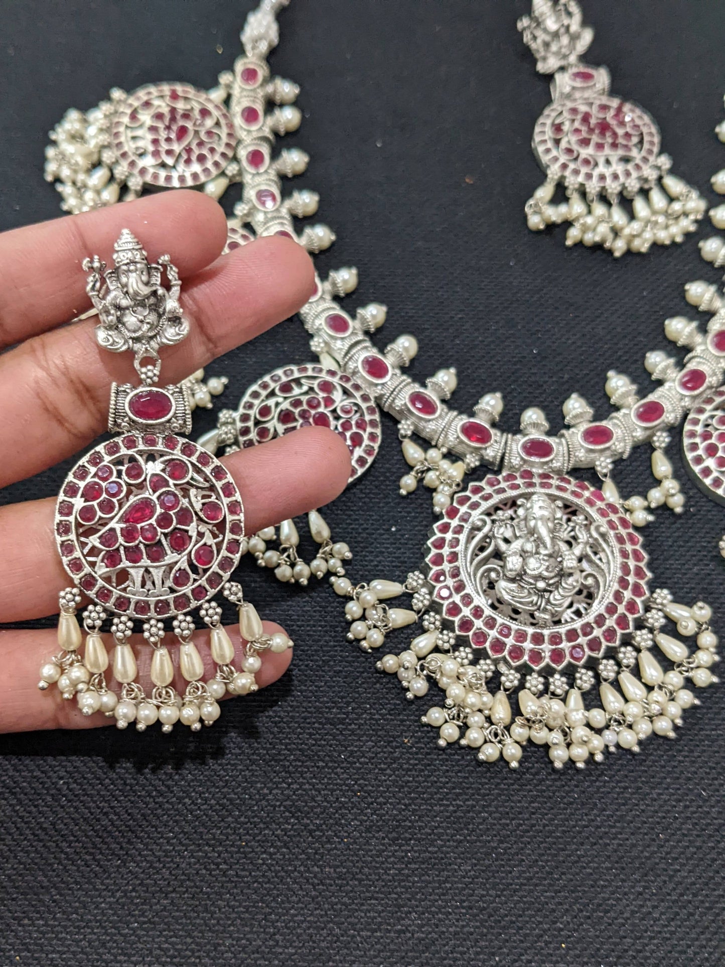 Silver plated Guttapusalu Ganesh ji Choker set