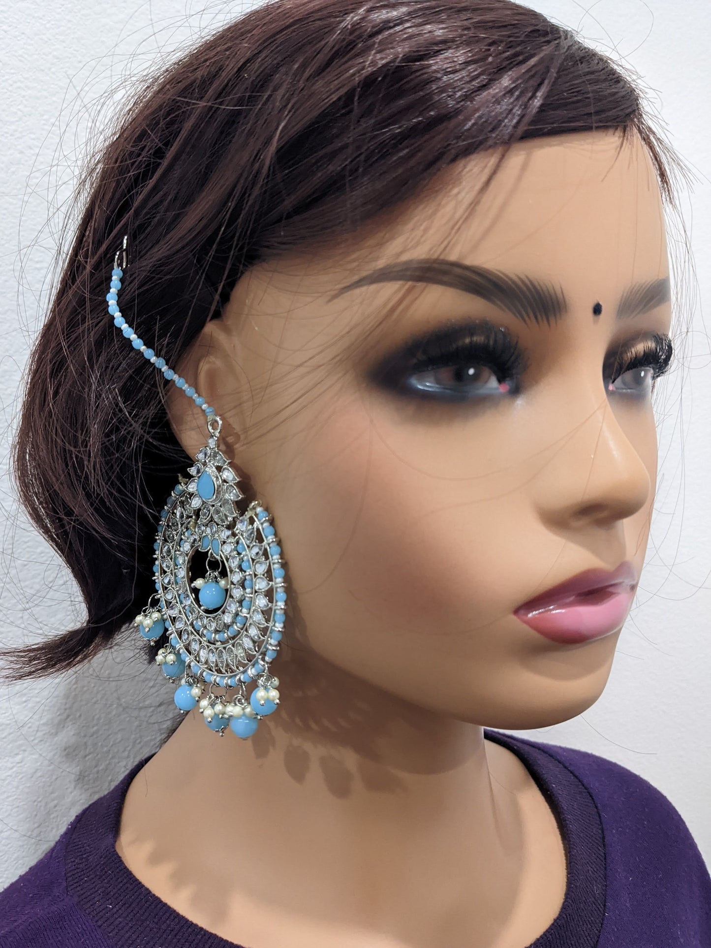 XXL size Bright silver Chandbali Earrings Tikka Combo