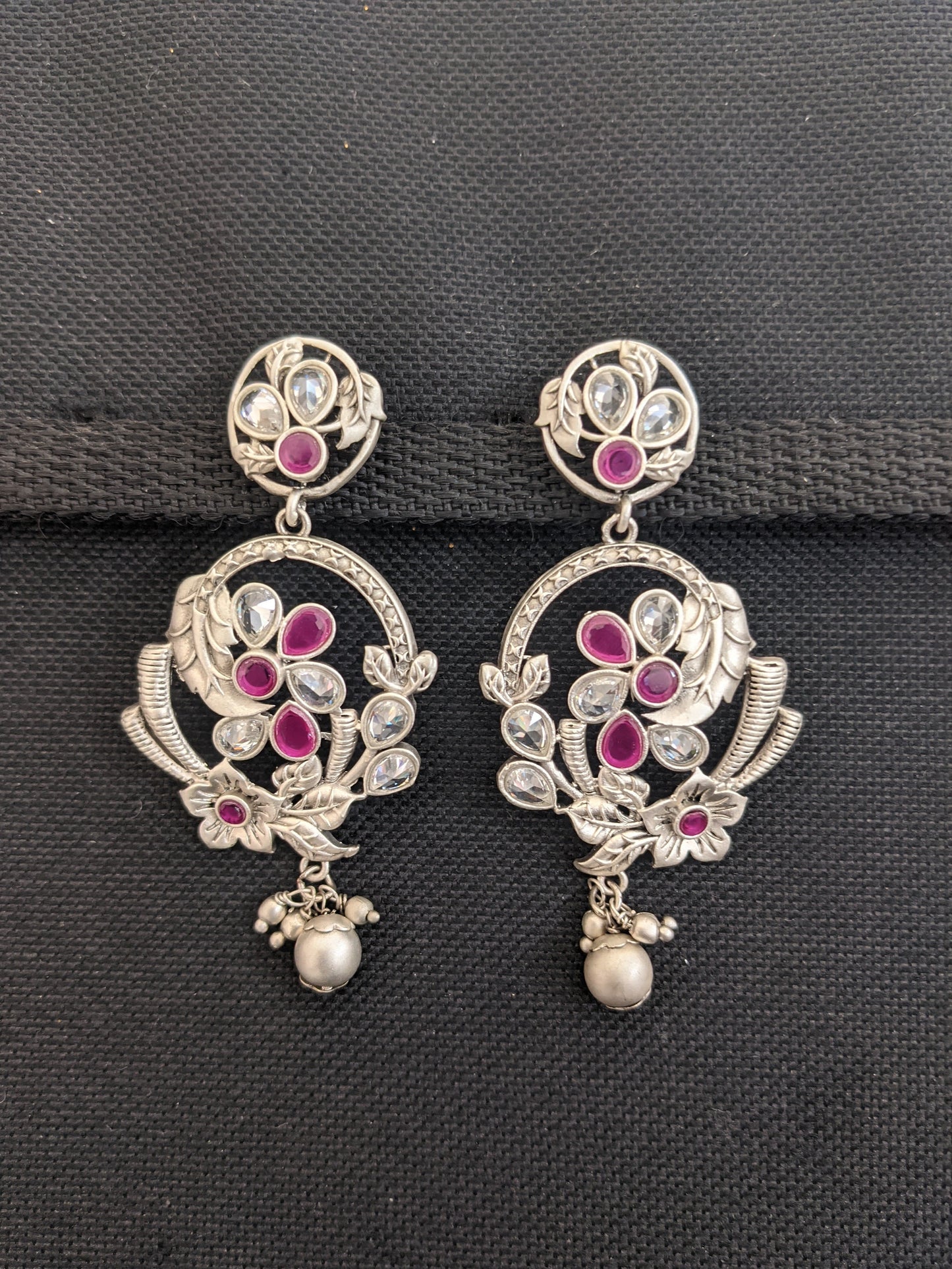 Bright Silver matte polished CZ flower Dangle Earrings