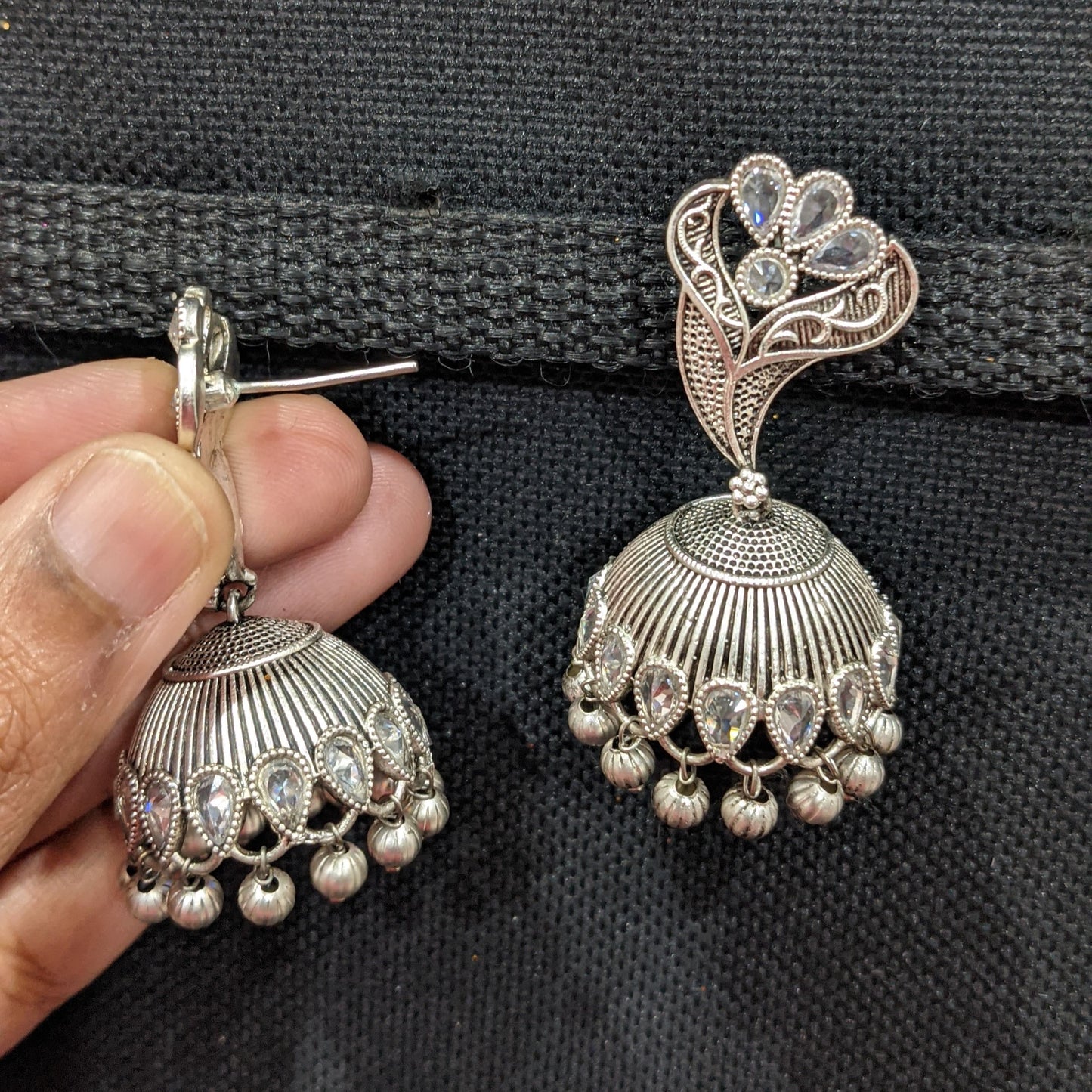 CZ stone Bright Silver Flower jhumka earrings