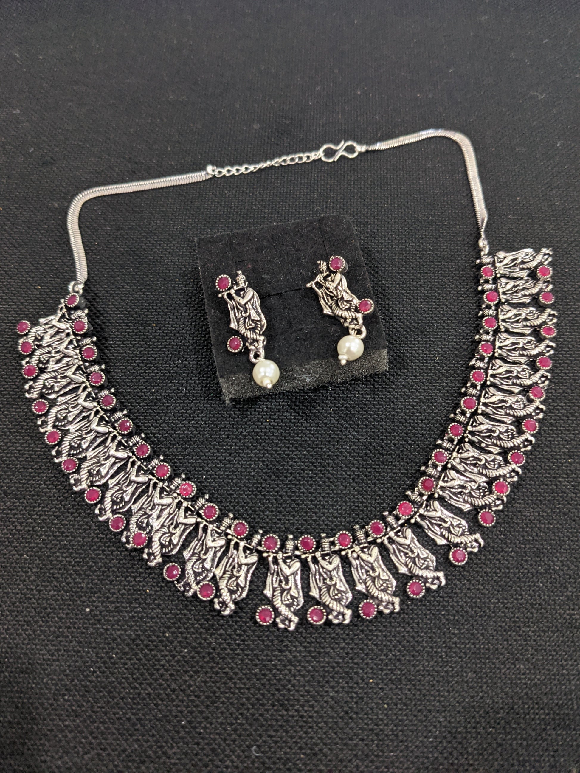 Oxidized Silver Lord Krishna Choker Necklace and Earring set - Simpliful