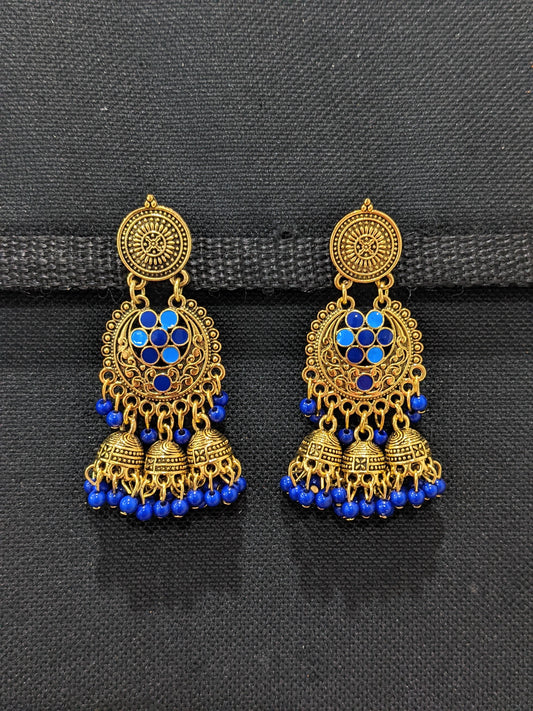 Antique gold finish enamel work triple jhumka earring - Simpliful