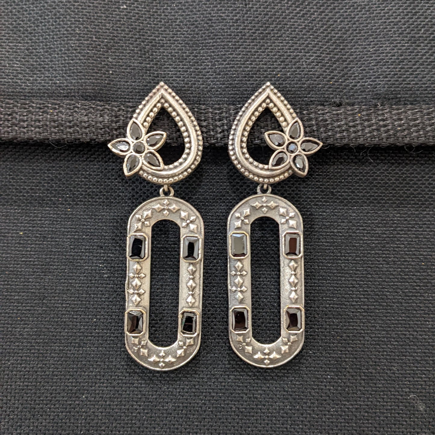 Tear drop stud with long hollow oval dangle oxidized earrings - Simpliful
