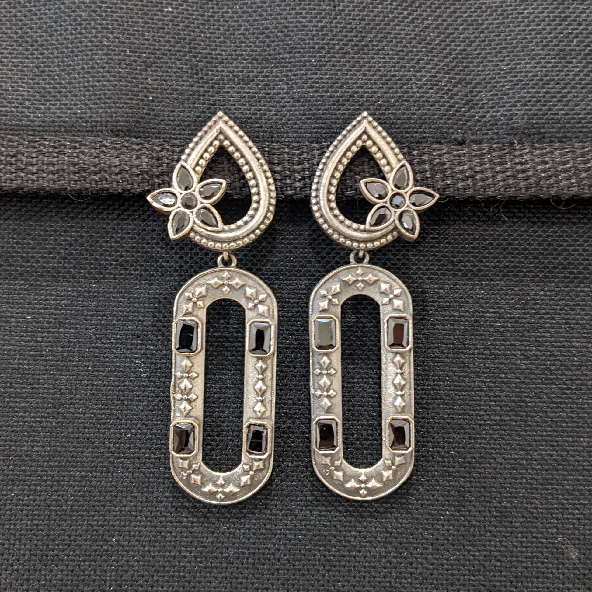 Tear drop stud with long hollow oval dangle oxidized earrings - Simpliful