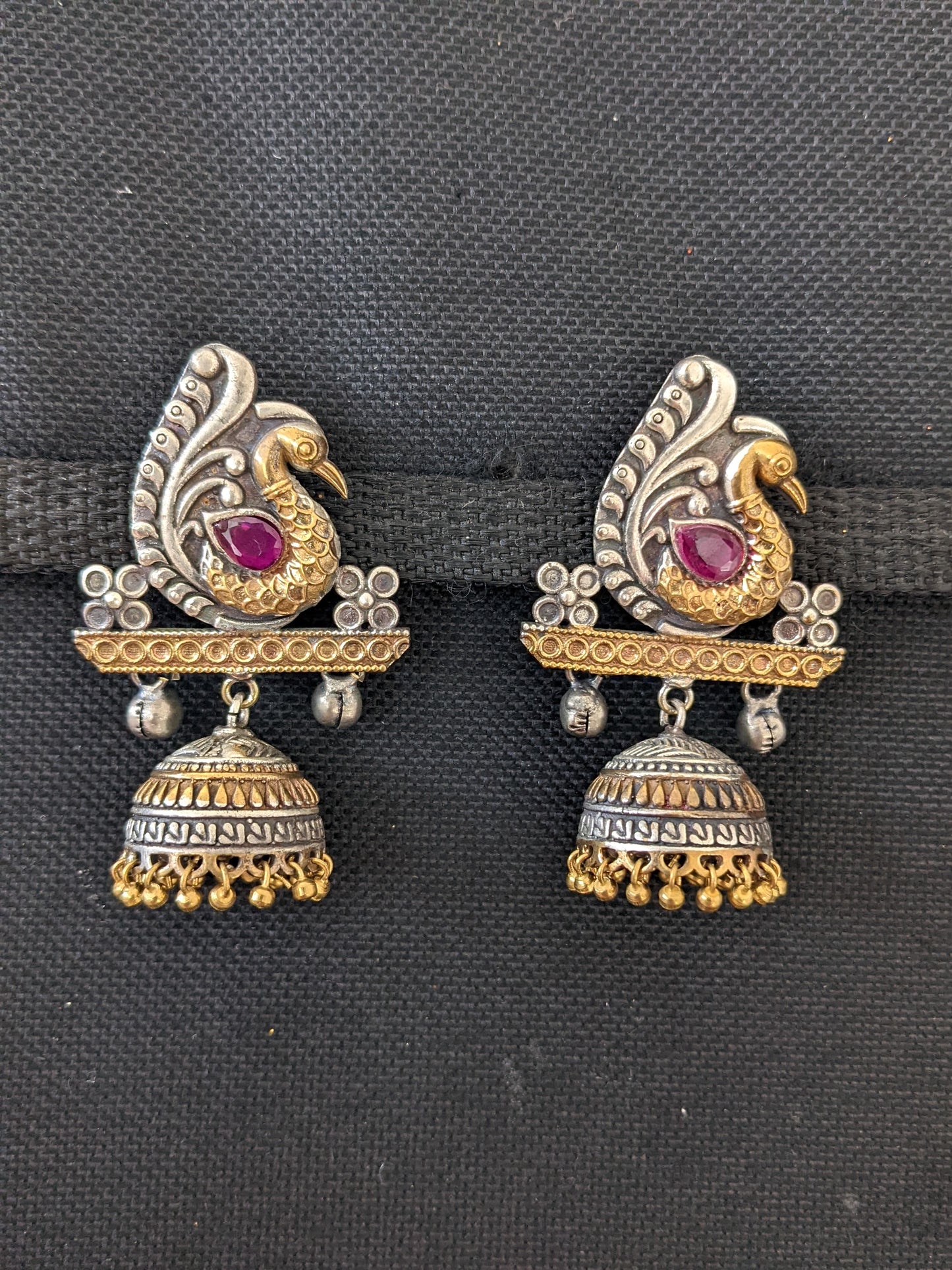 Peacock stud with jhumka hanging dual tone oxidized earring - Simpliful