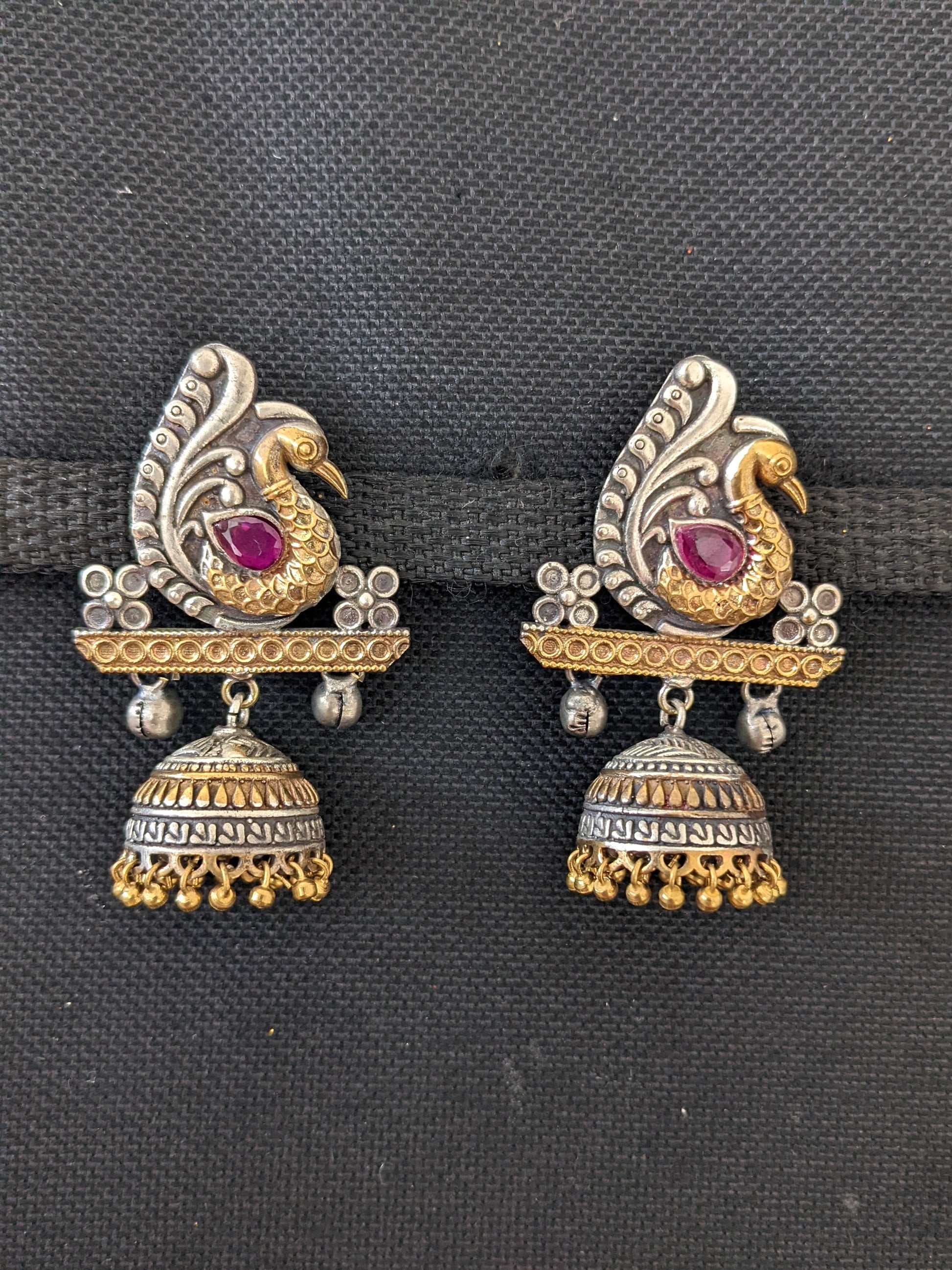 Peacock stud with jhumka hanging dual tone oxidized earring - Simpliful