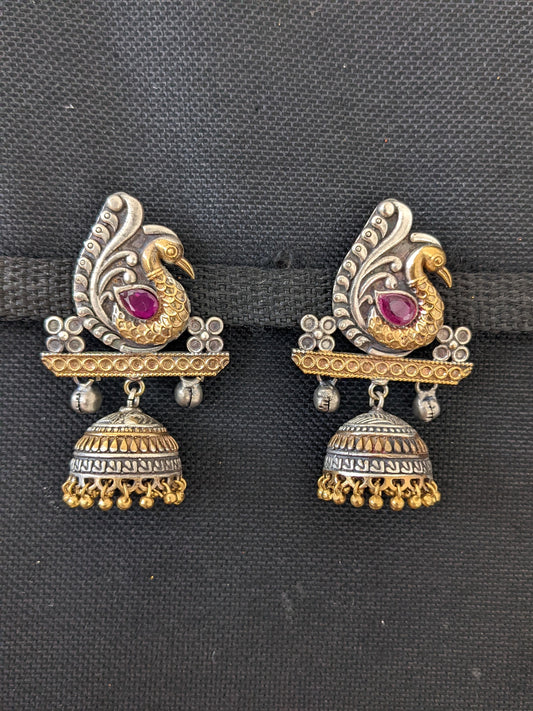 Peacock stud with jhumka hanging dual tone oxidized earring - Simpliful