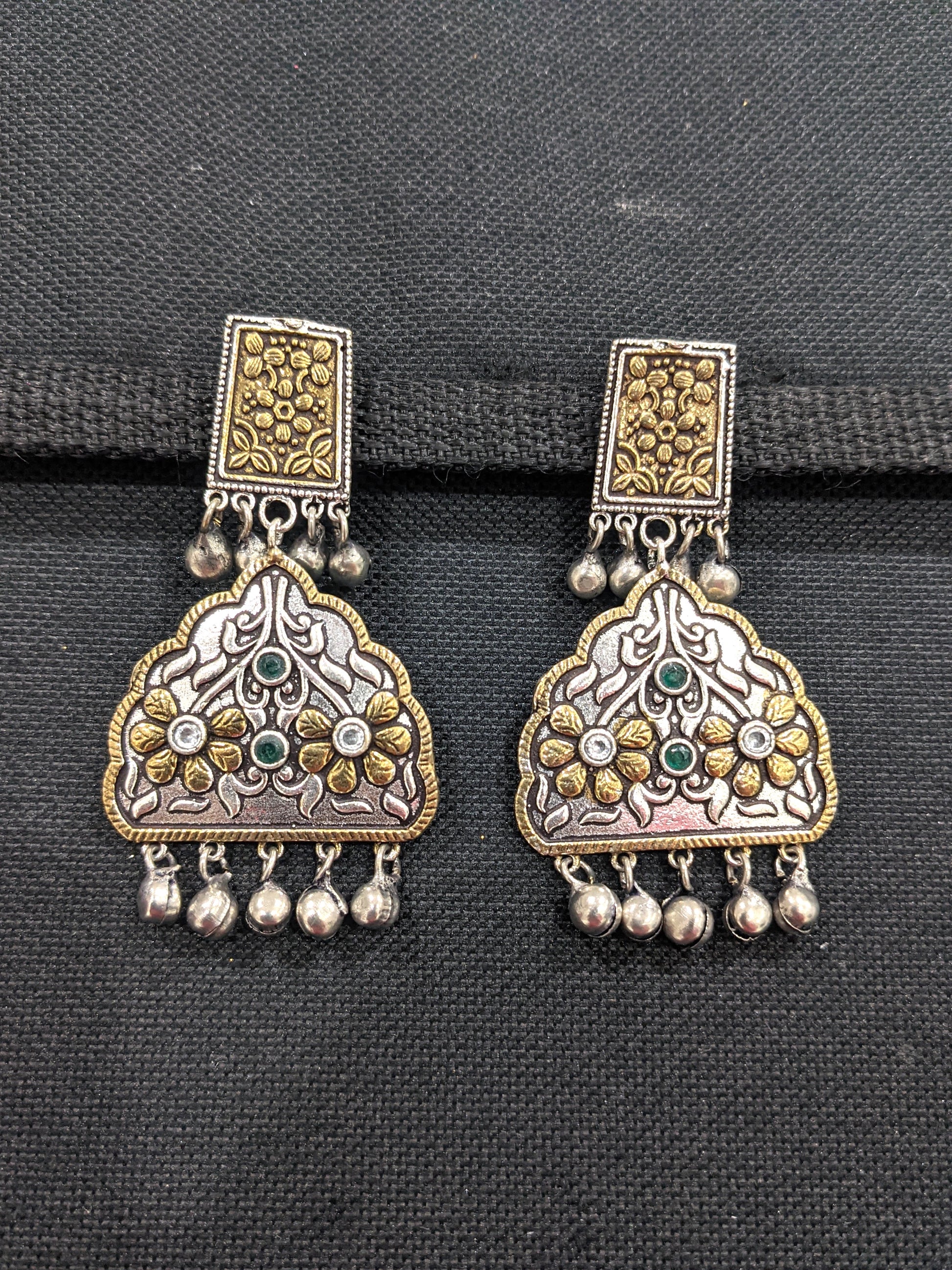 Dual tone curvy triangle design ghunghru bead hanging earring - Simpliful