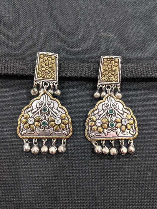 Dual tone curvy triangle design ghunghru bead hanging earring - Simpliful
