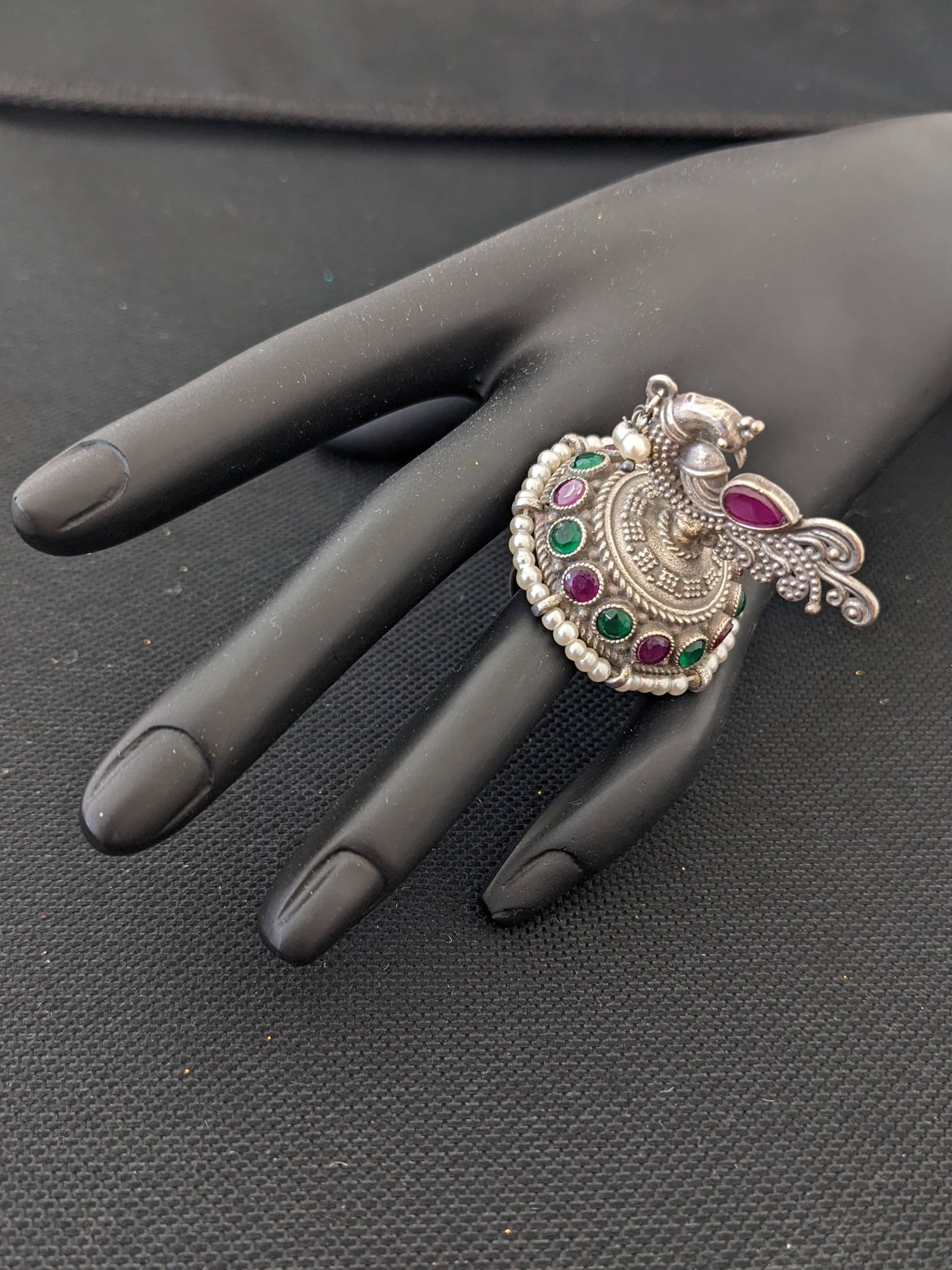 Oxidized silver Peacock standing adjustable Finger ring - Simpliful