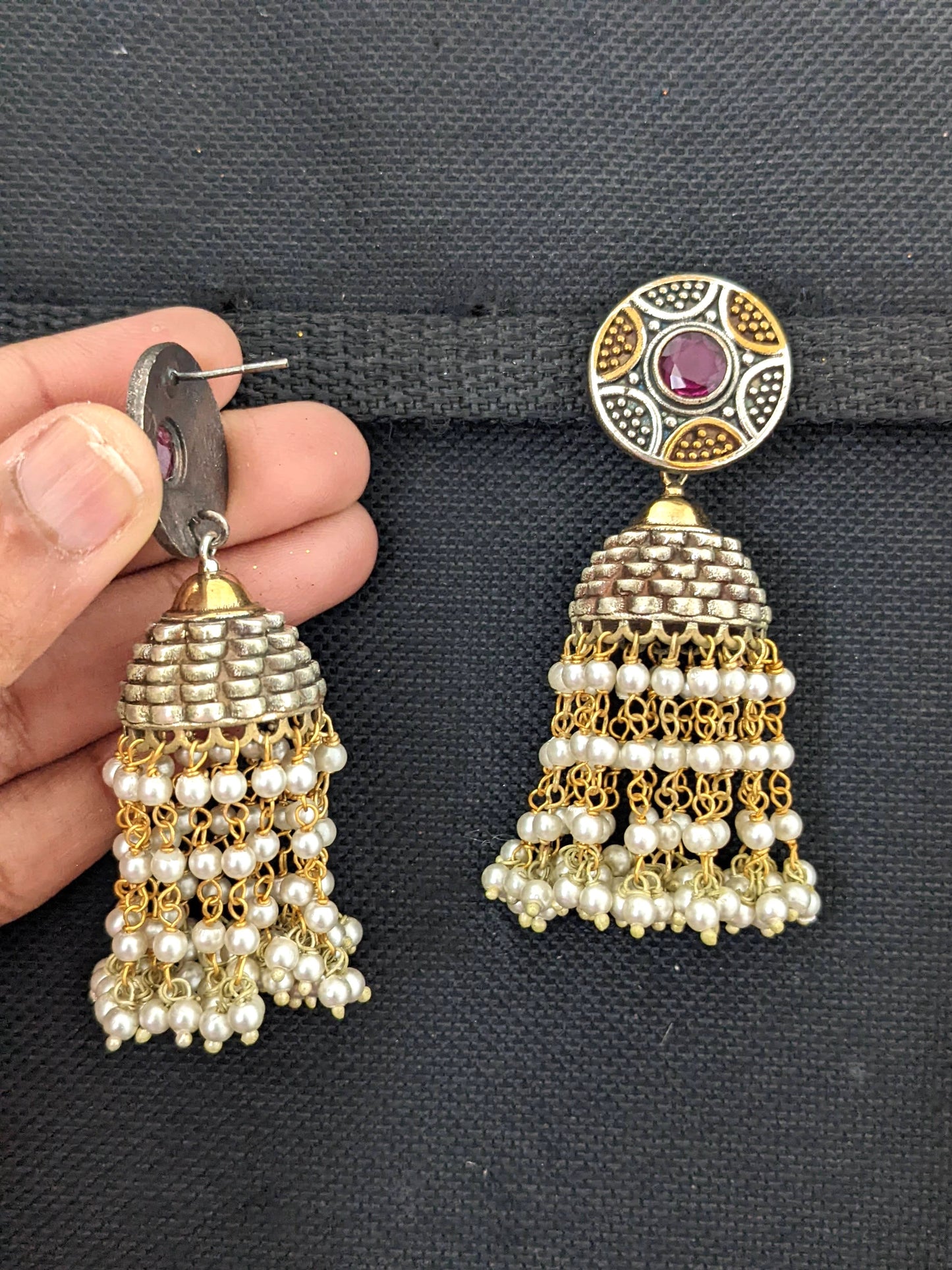 Dual tone oxidized silver pearl dangling CZ jhumka earrings - Simpliful