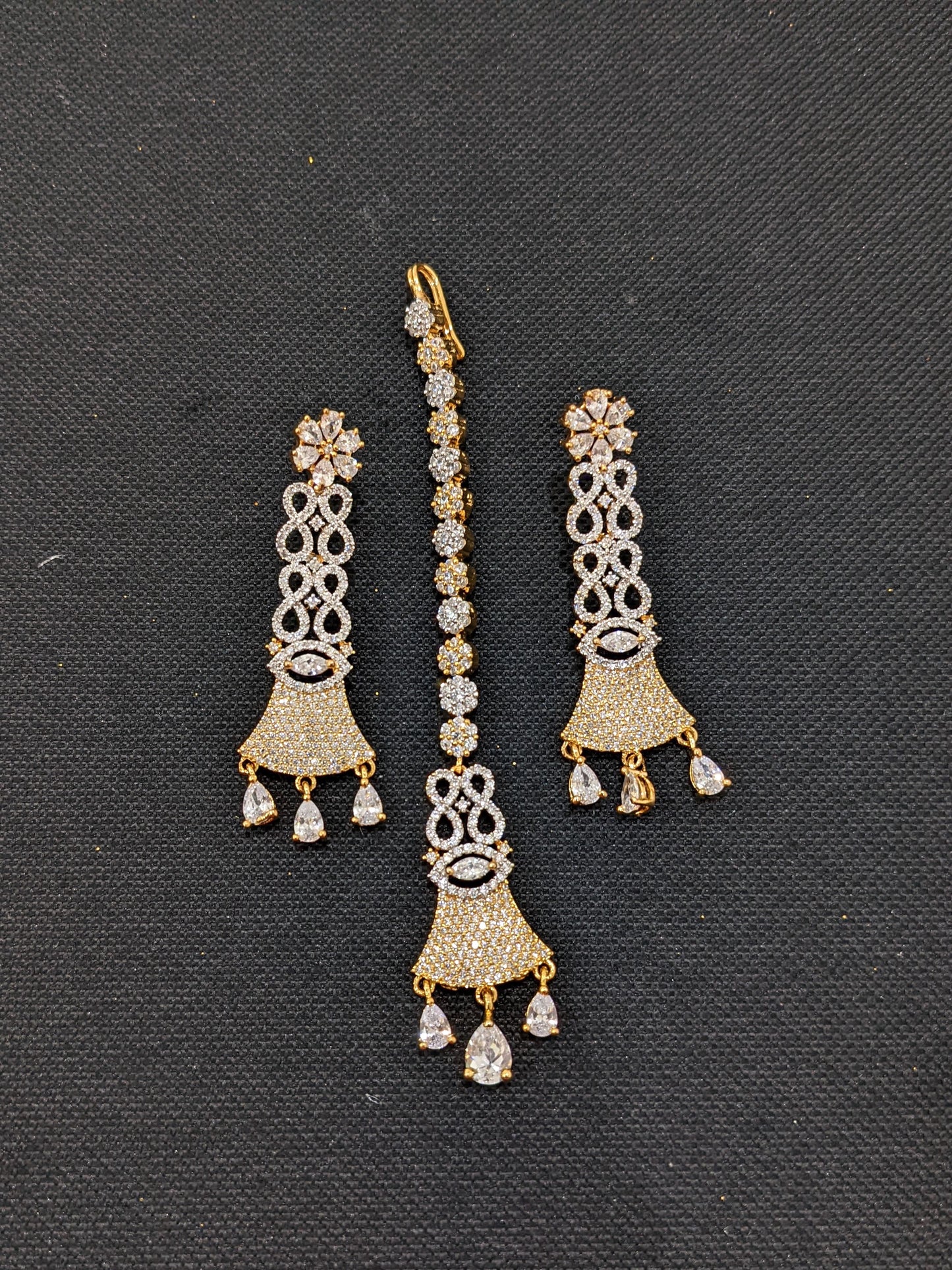 One gram gold plated designer CZ earrings with Maang Tikka