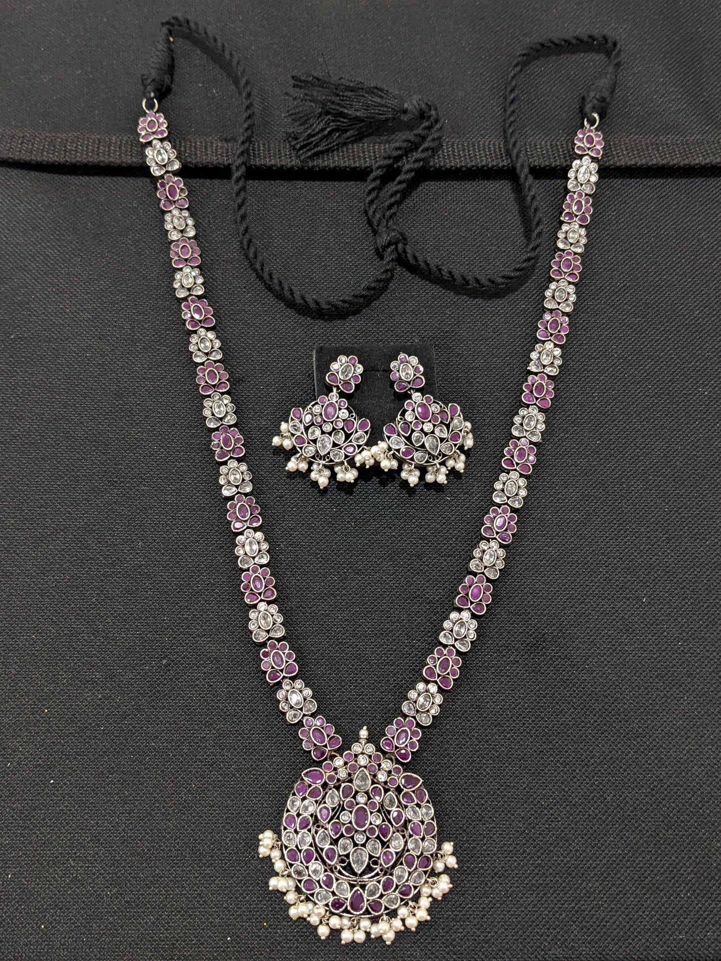 Flower design CZ stone German Silver Long haram and earrings set