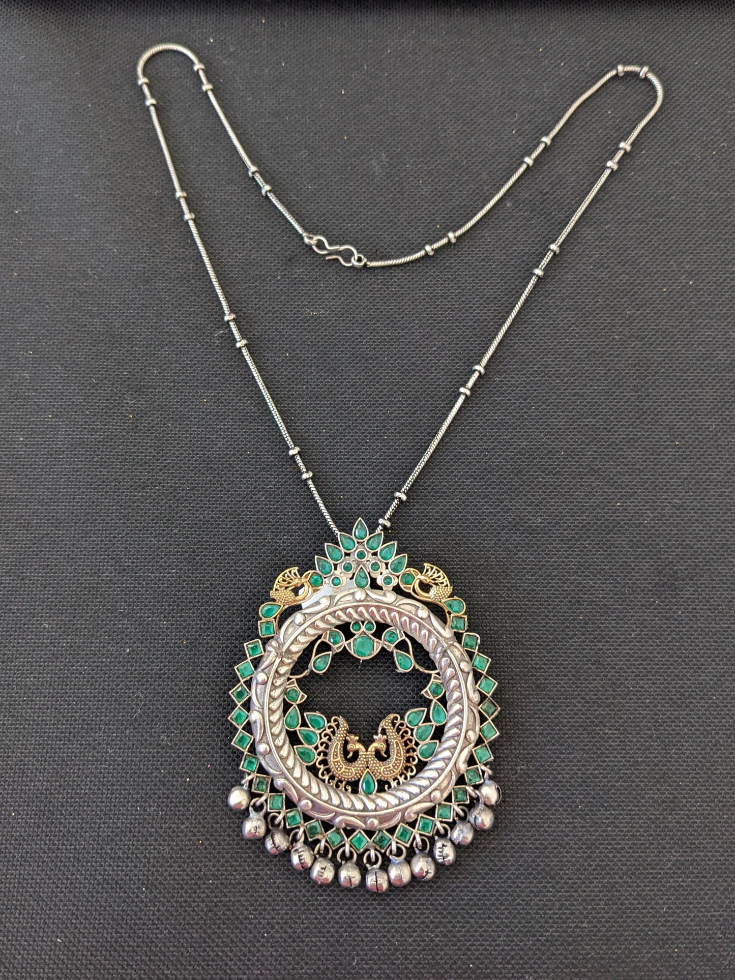 2 tone German silver Kemp stone Peacock Pendant Chain Necklace - Simpliful