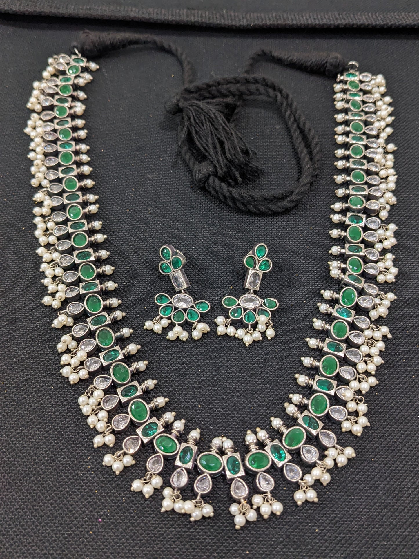 Guttapusalu CZ German Silver Long haram and earrings set