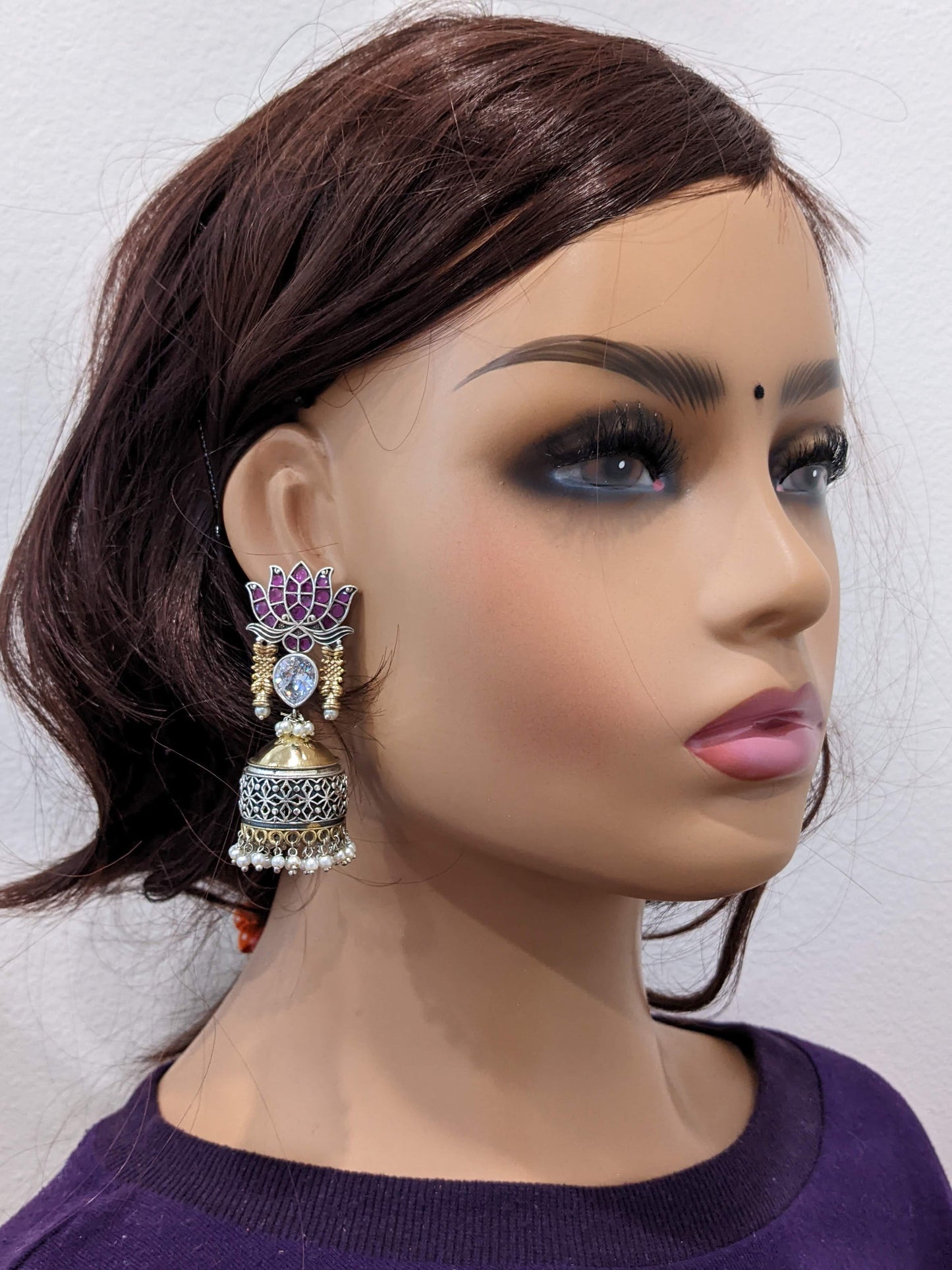 German Silver Dual Tone Lotus Jhumka Earrings