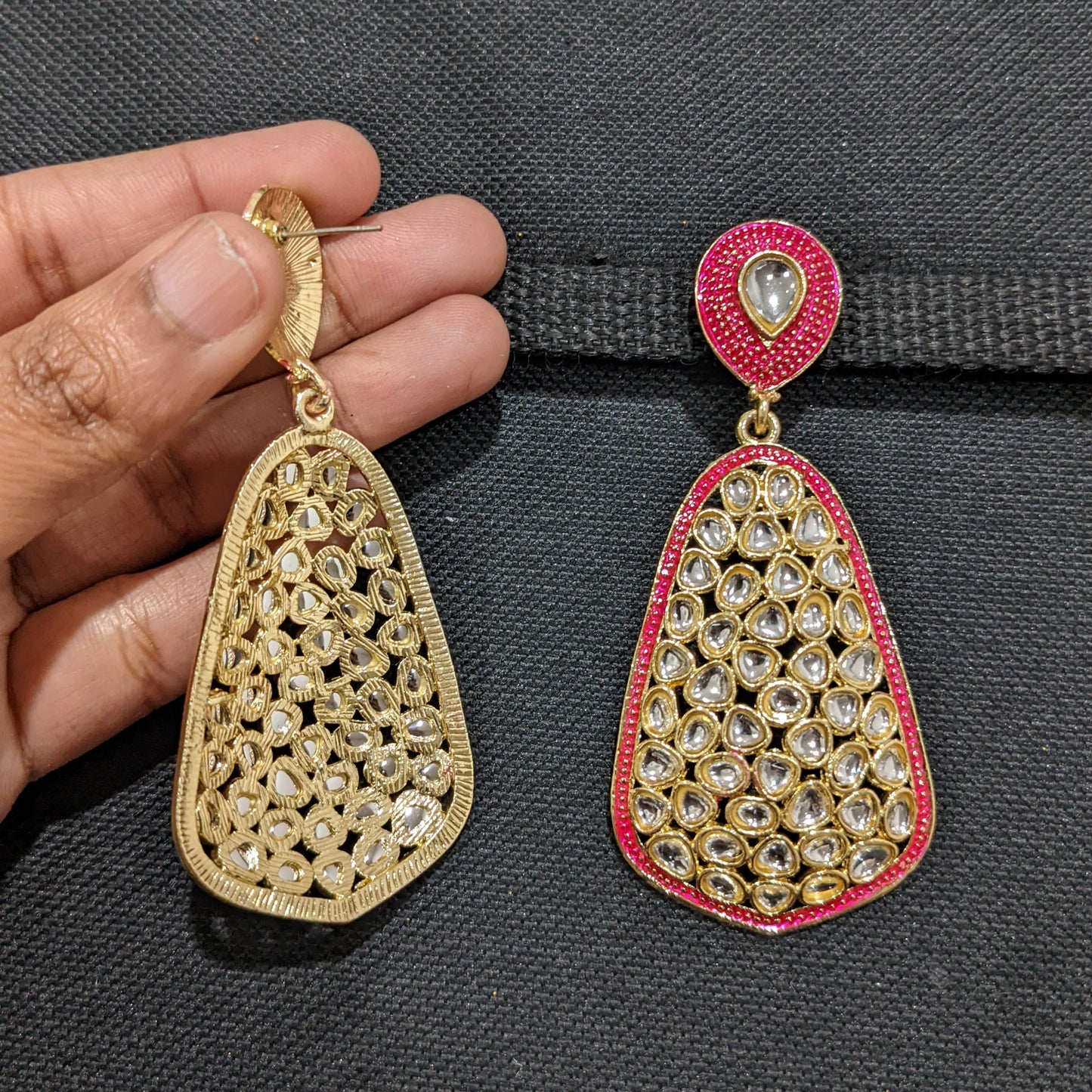 Curved Rhombus Kundan Enamel Earrings