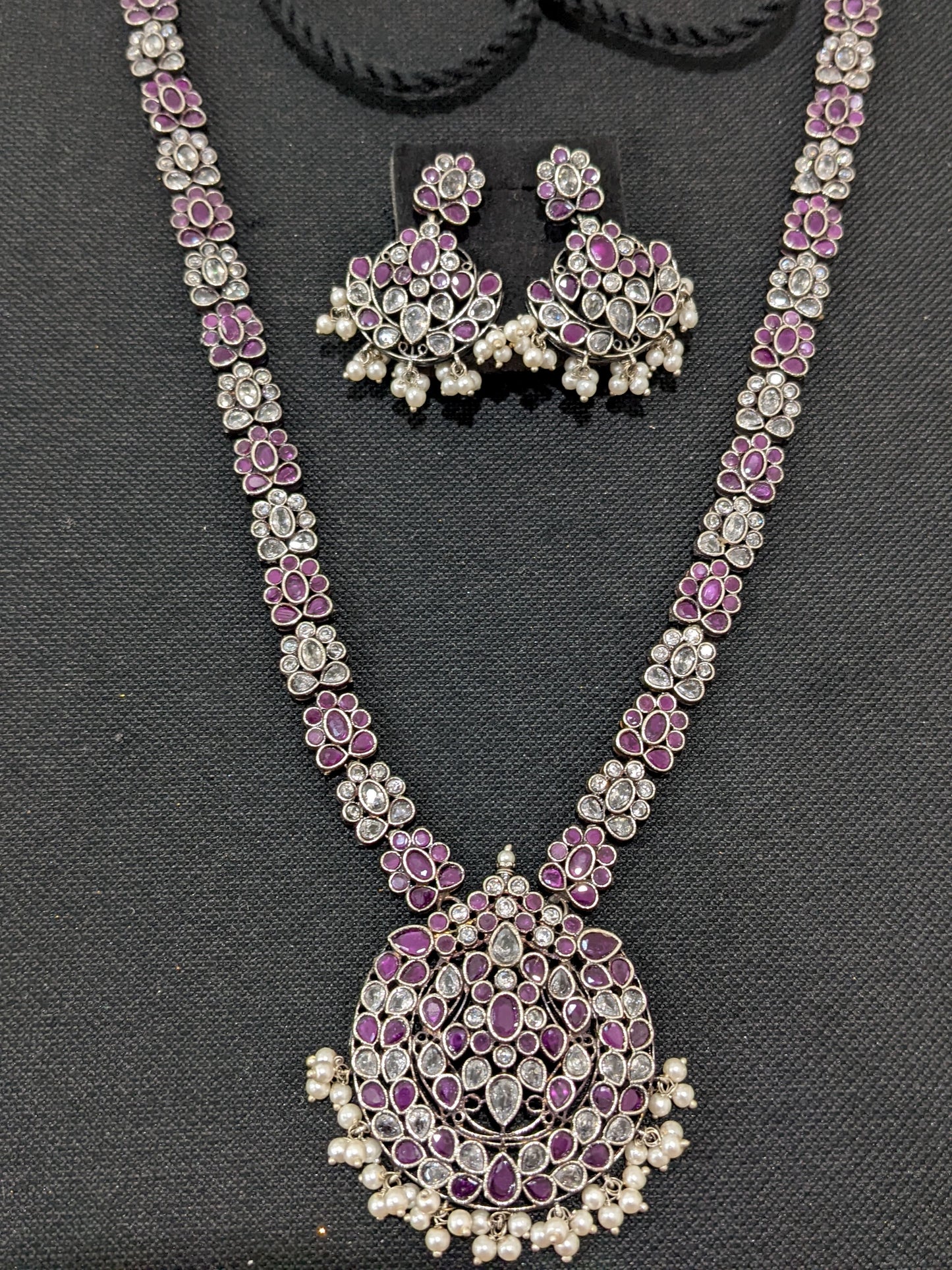 Flower design CZ stone German Silver Long haram and earrings set