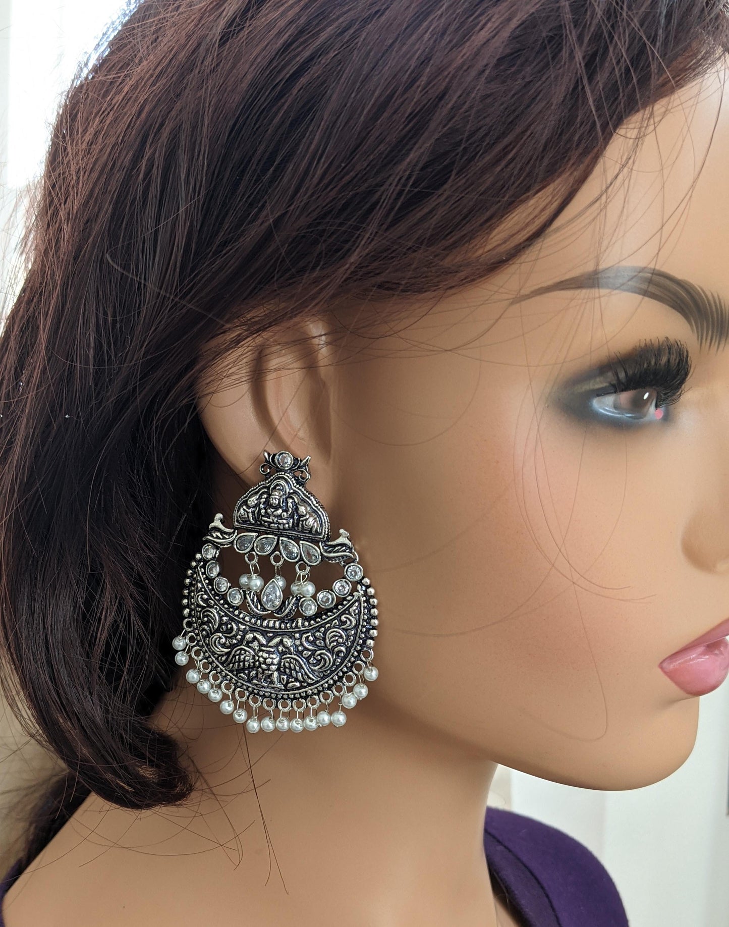 XL Size Goddess Lakshmi Chandbali Oxidized Silver Earrings