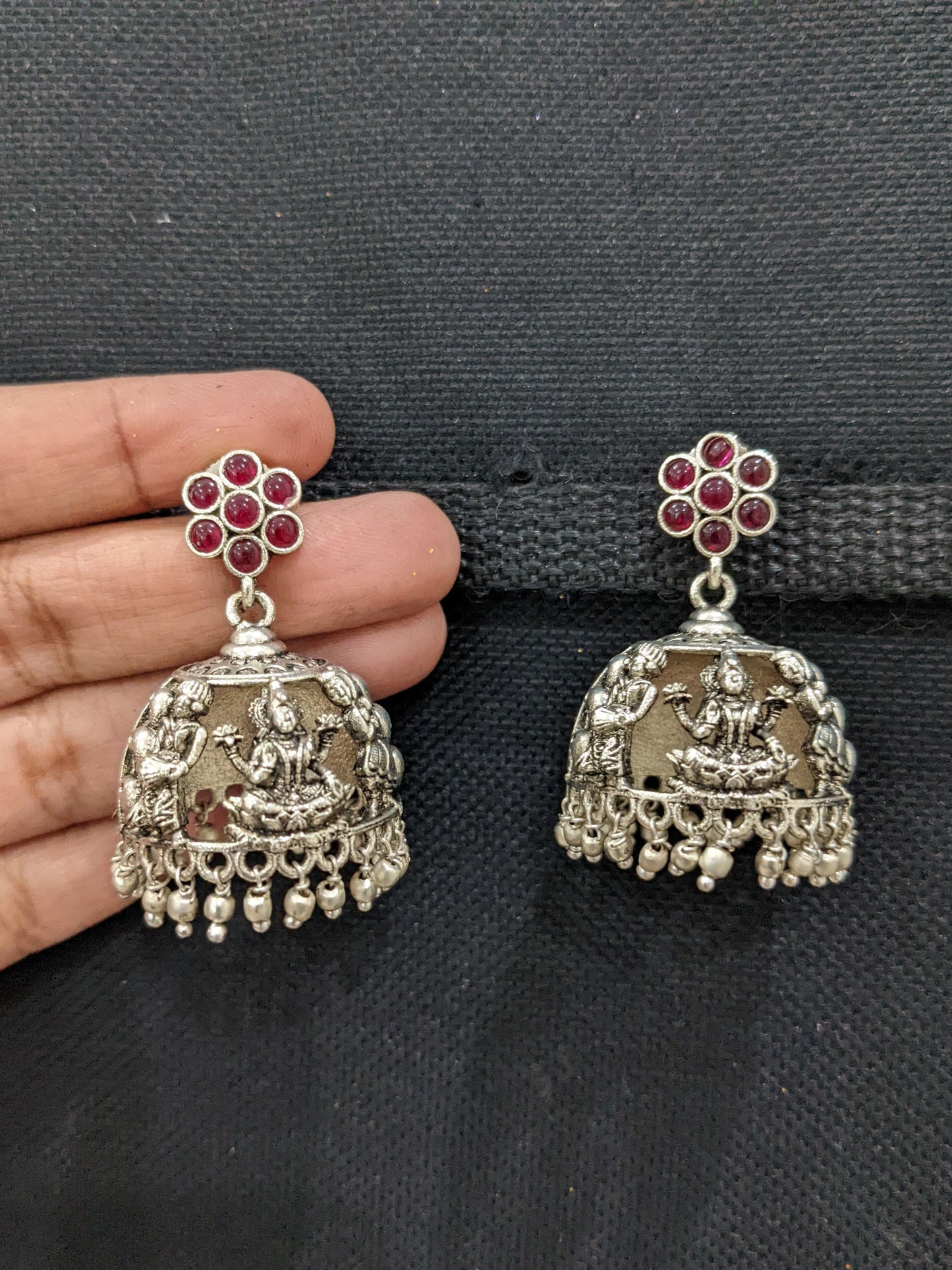 Goddess Lakshmi Kemp Silver Jhumka earrings