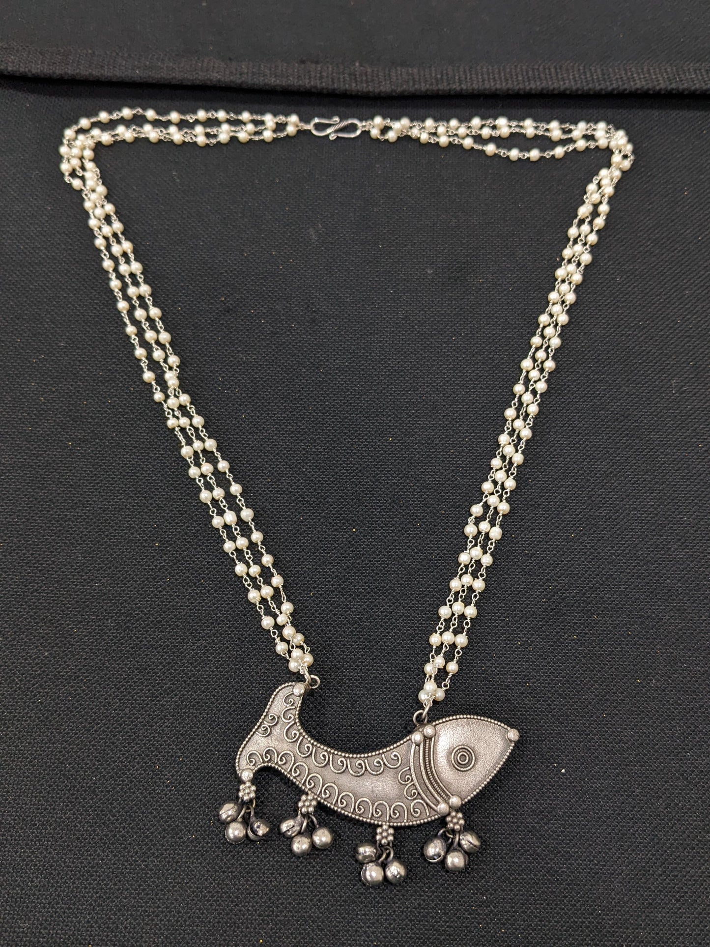 Fish Pendant Pearl Chain Oxidized Silver Necklace