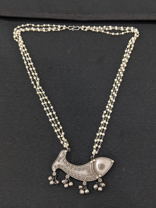 Fish Pendant Pearl Chain Oxidized Silver Necklace