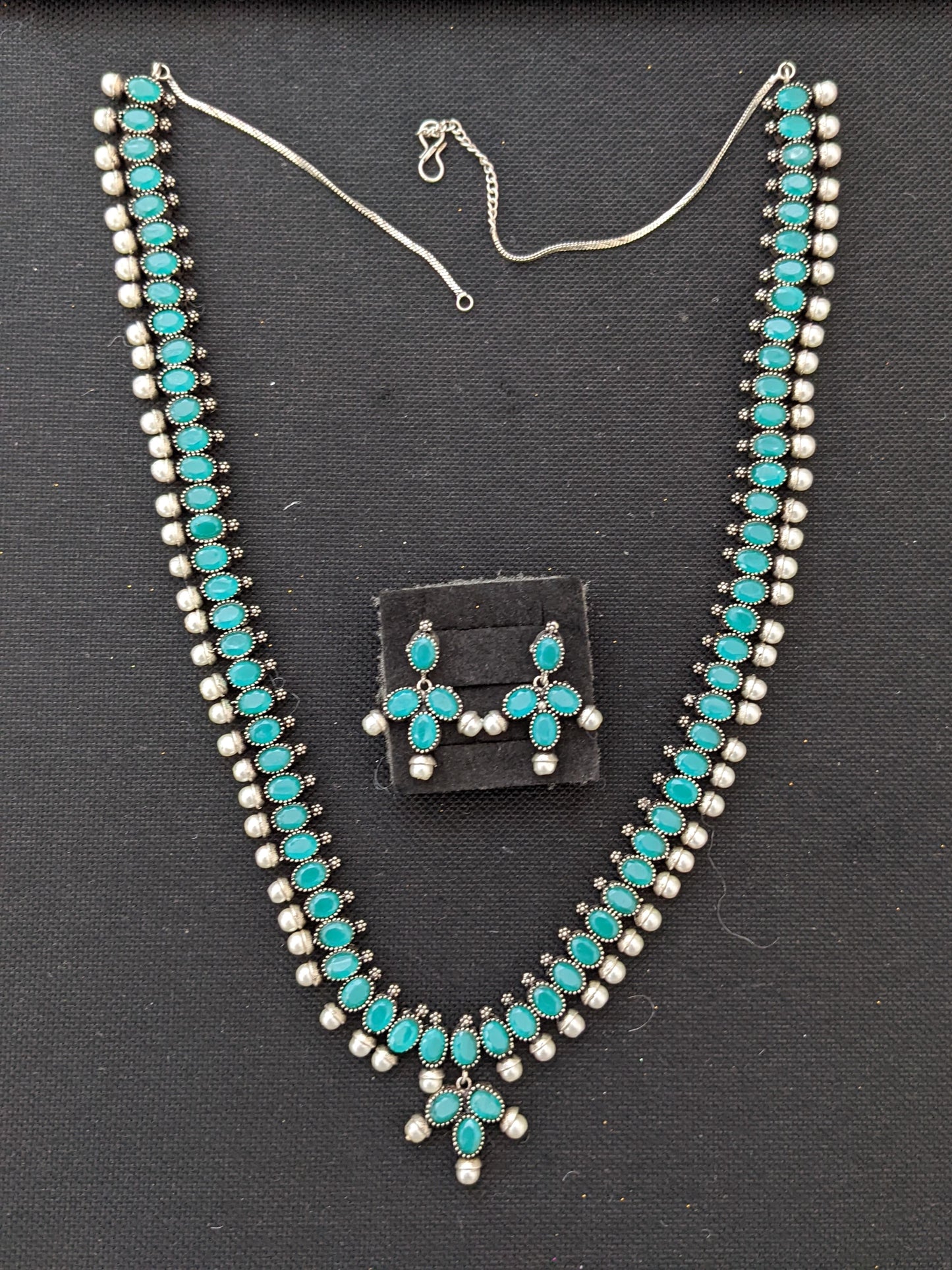 Oxidized Silver Oval Polki stone Long necklace and stud earrings set
