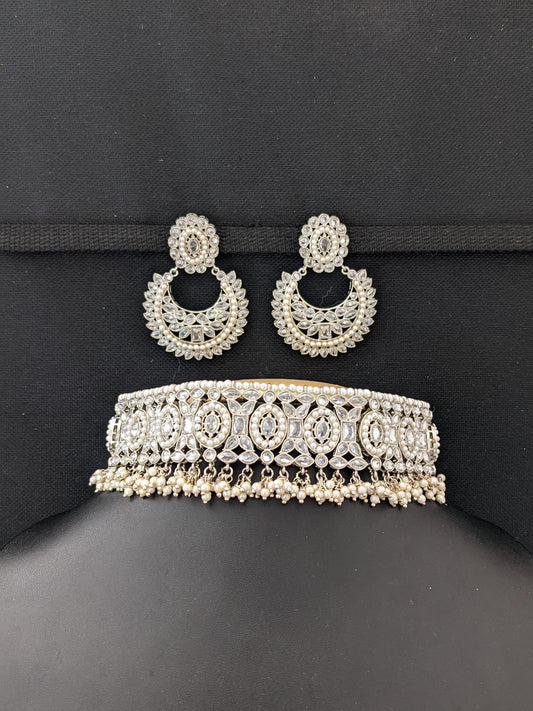 Silver rhodium polished - Chick collar style choker necklace and Ramleela style earring set - Simpliful