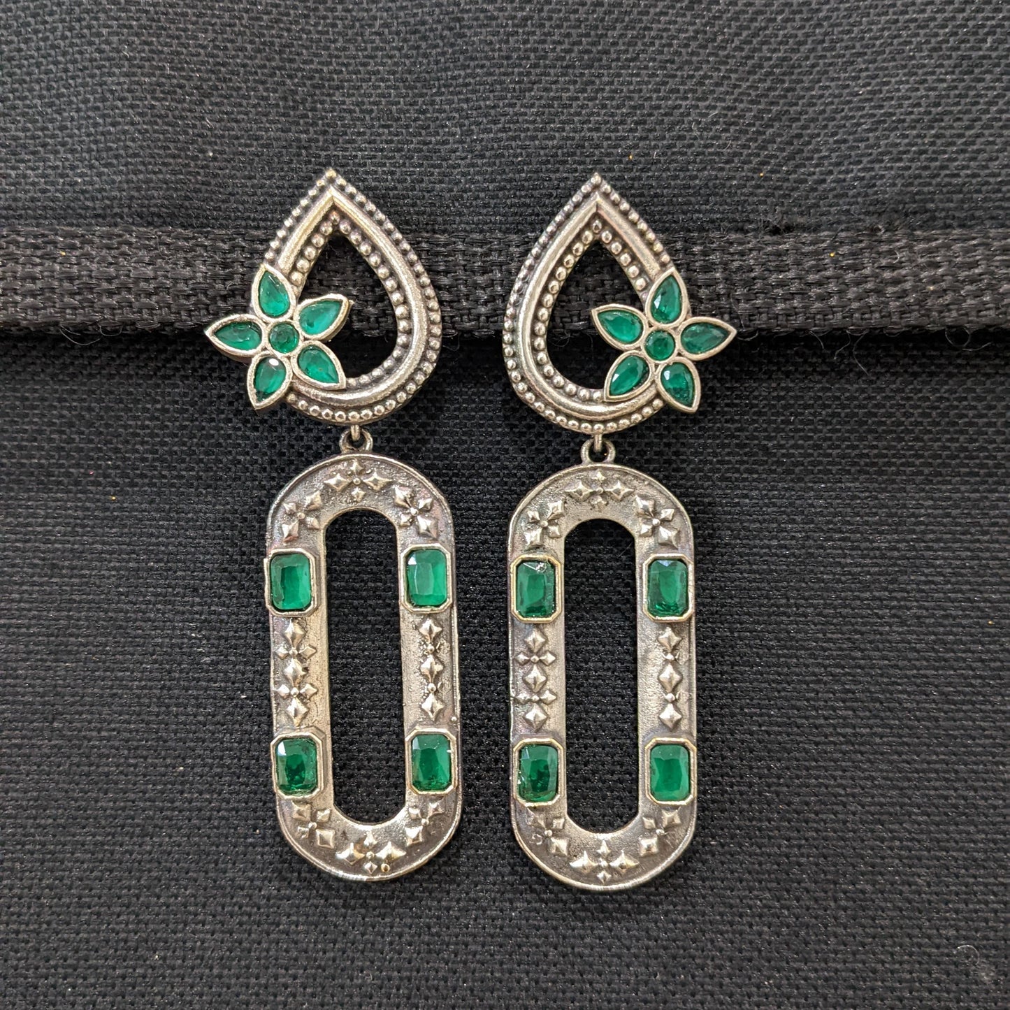 Tear drop stud with long hollow oval dangle oxidized earrings - Simpliful