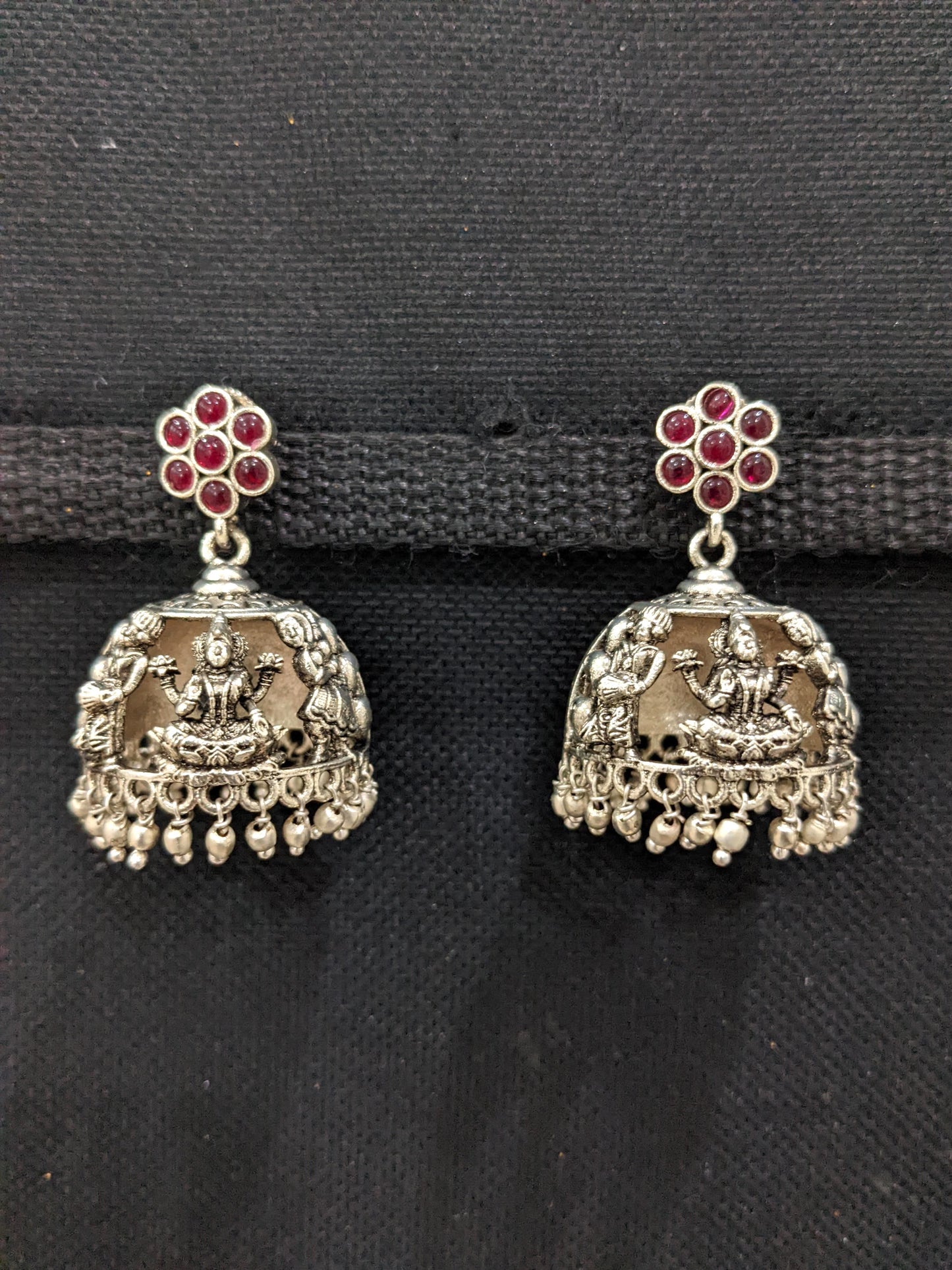 Goddess Lakshmi Kemp Silver Jhumka earrings
