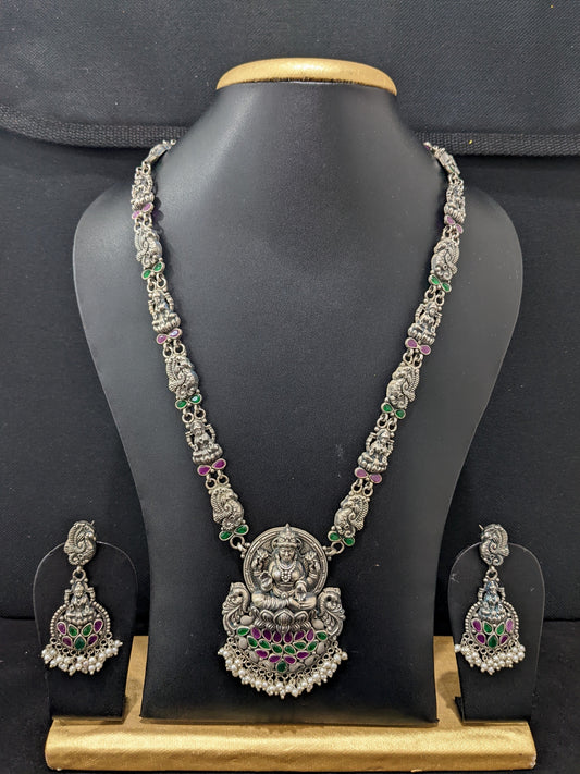 Lakshmi ji design CZ stone German Silver Long haram and earrings set