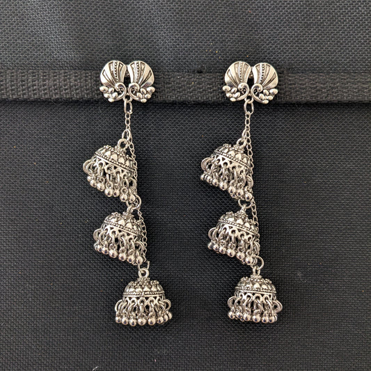 Triple jhumka hanging peacock stud Oxidized Silver earrings - Simpliful