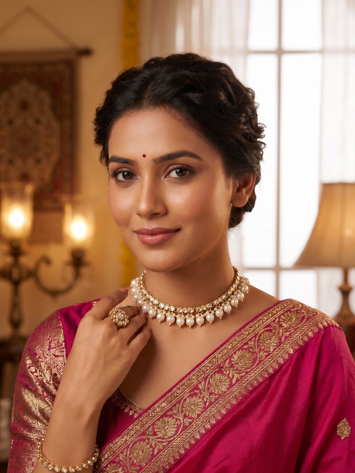 Glass kundan Pearl Choker Necklace - D1