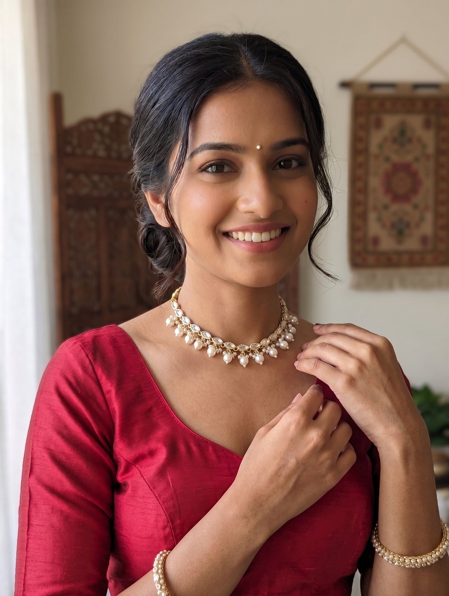 Glass kundan Pearl Choker Necklace - D3