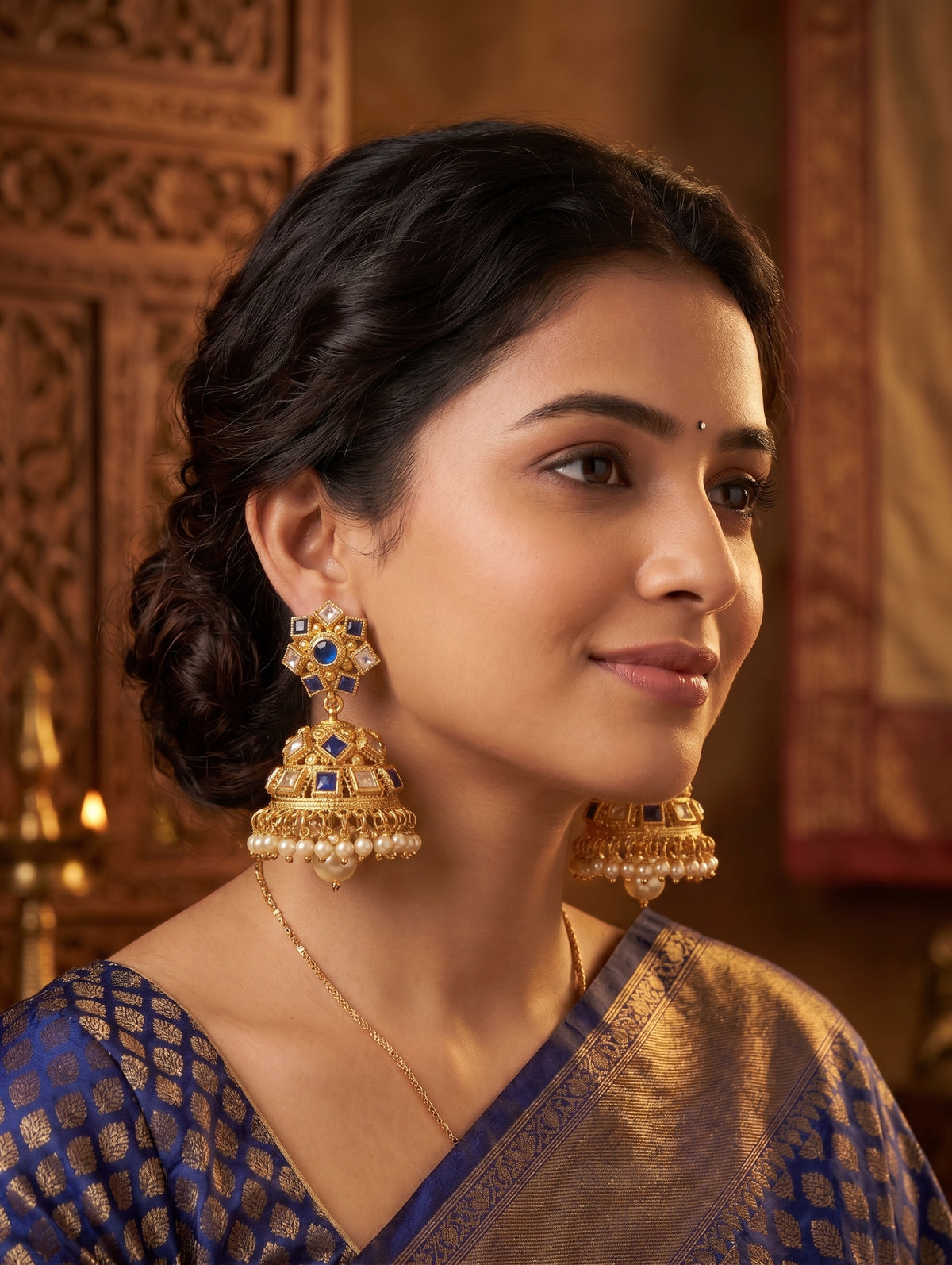 Blue White Polki Guttapusalu Large Jhumka Earrings