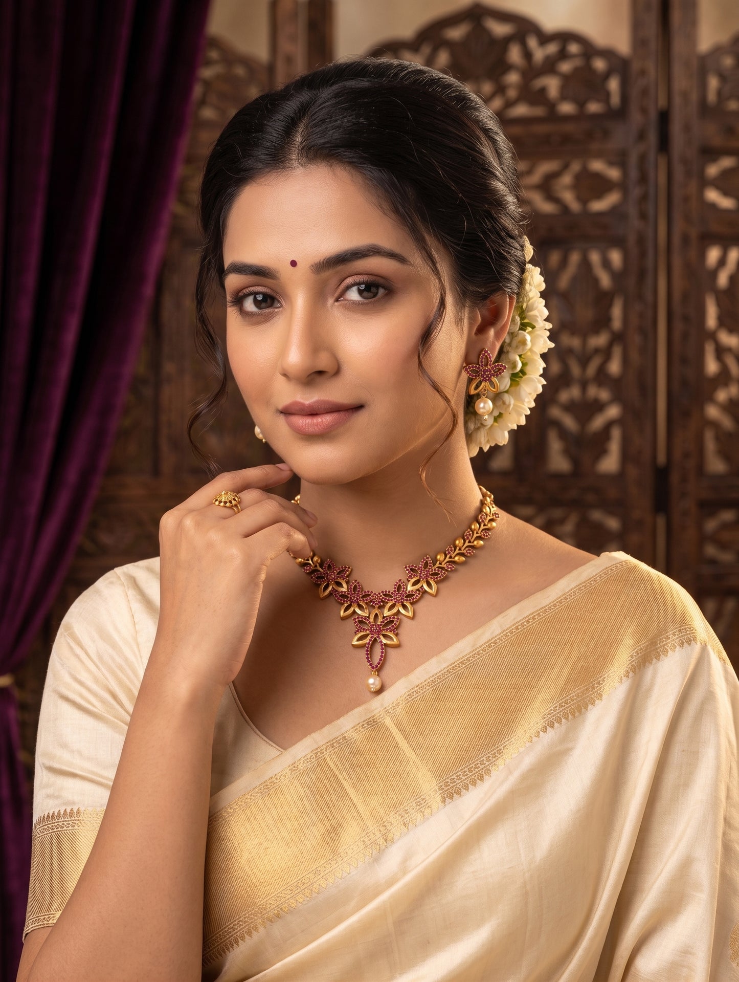 Antique Leafy Flower CZ Necklace and Earrings set - Simpliful