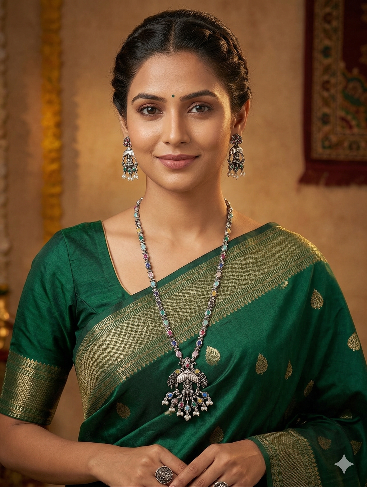 Oxidized Silver Goddess Lakshmi design Haram and earrings set - Simpliful